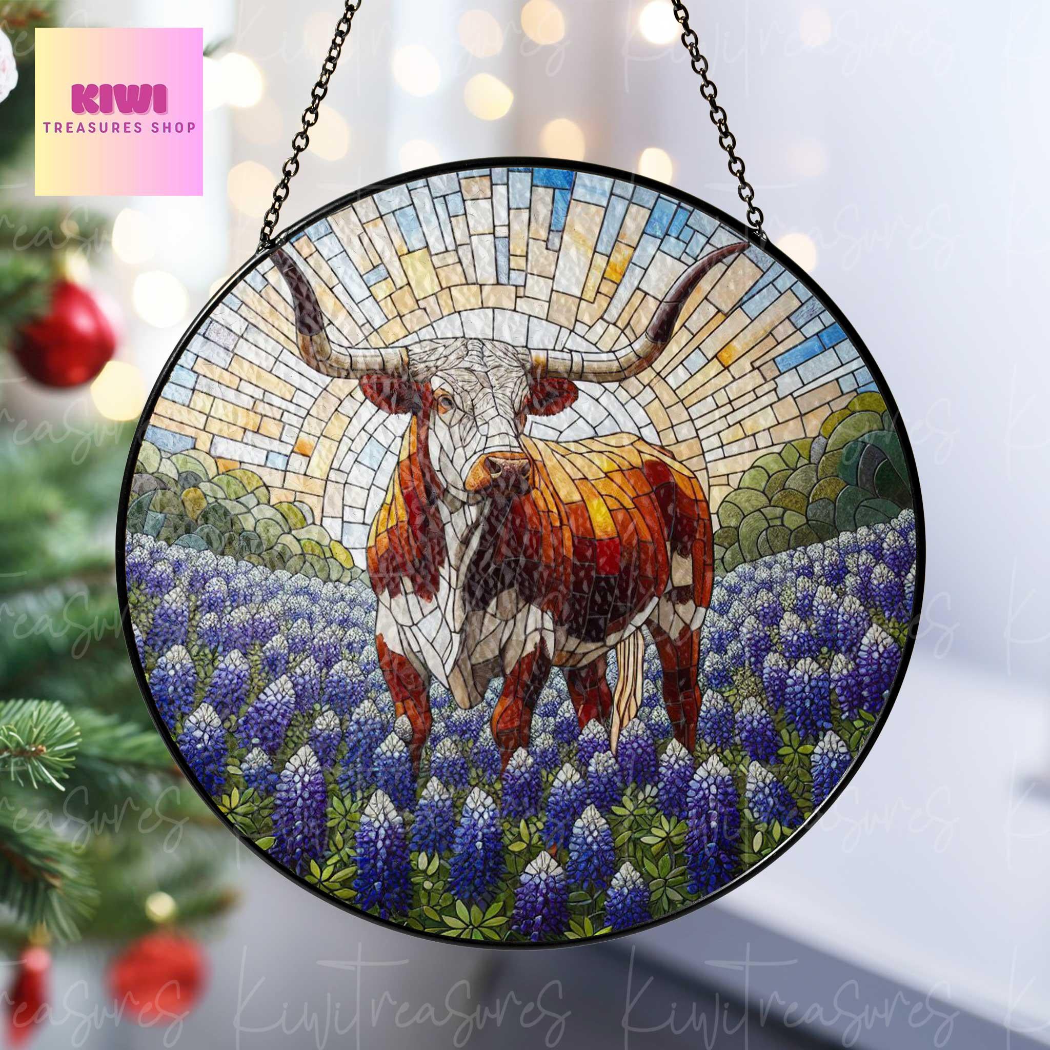 Longhorn and Bluebonnets GLASS Suncatcher Hanging, Texas Bluebonnet Window hanging, Longhorn suncatcher hanging, housewarming gift