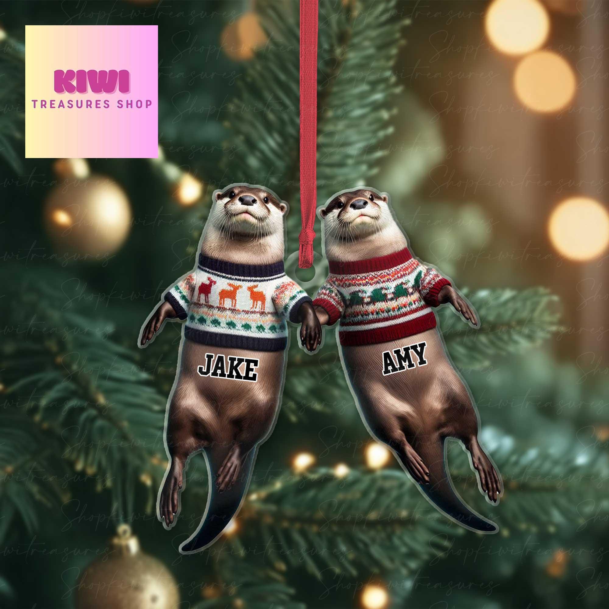 Personalized Christmas otter couple floating FLAT 2D Ornament, otter lover gift, gift for couple, anniversary gift, valentine gift