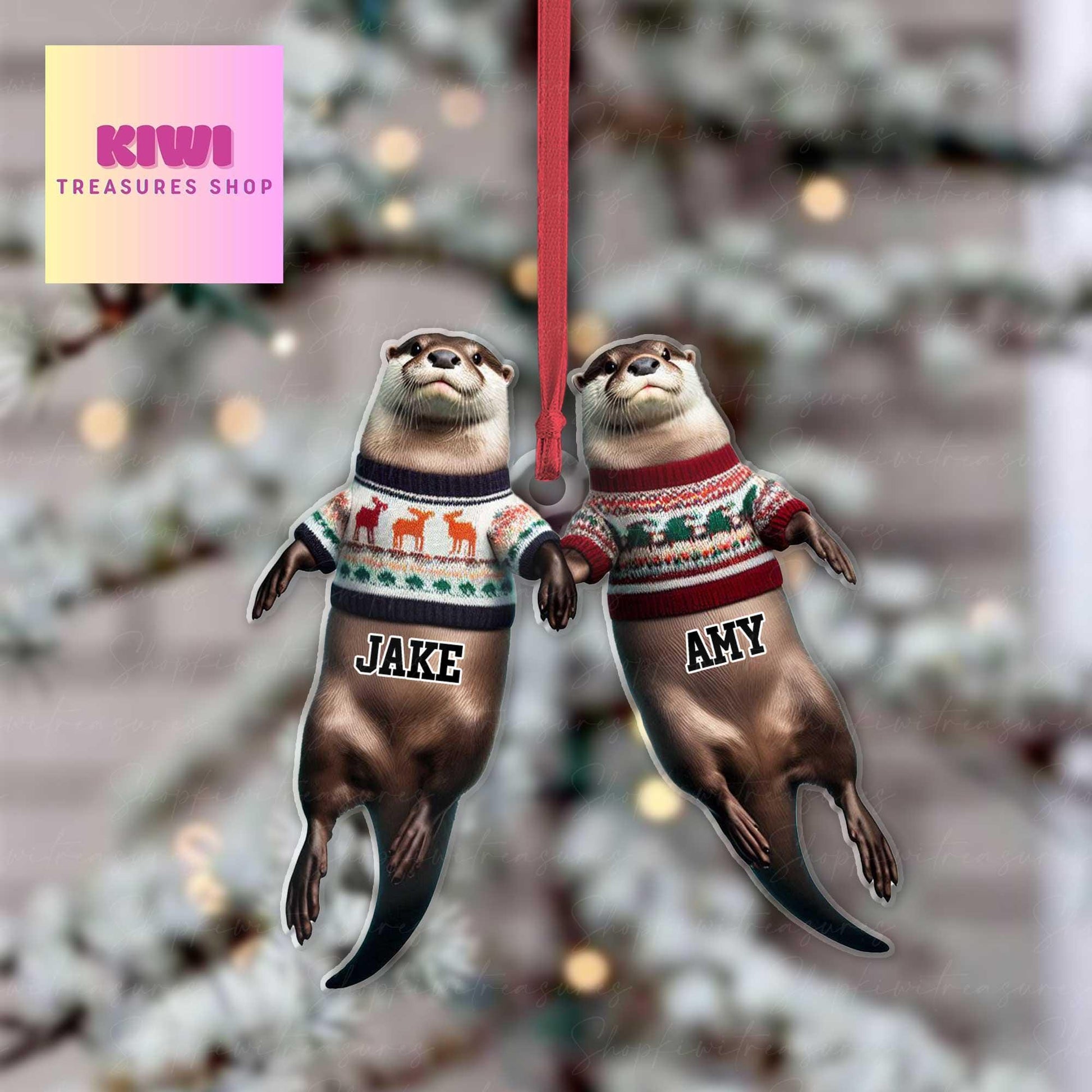 Personalized Christmas otter couple floating FLAT 2D Ornament, otter lover gift, gift for couple, anniversary gift, valentine gift
