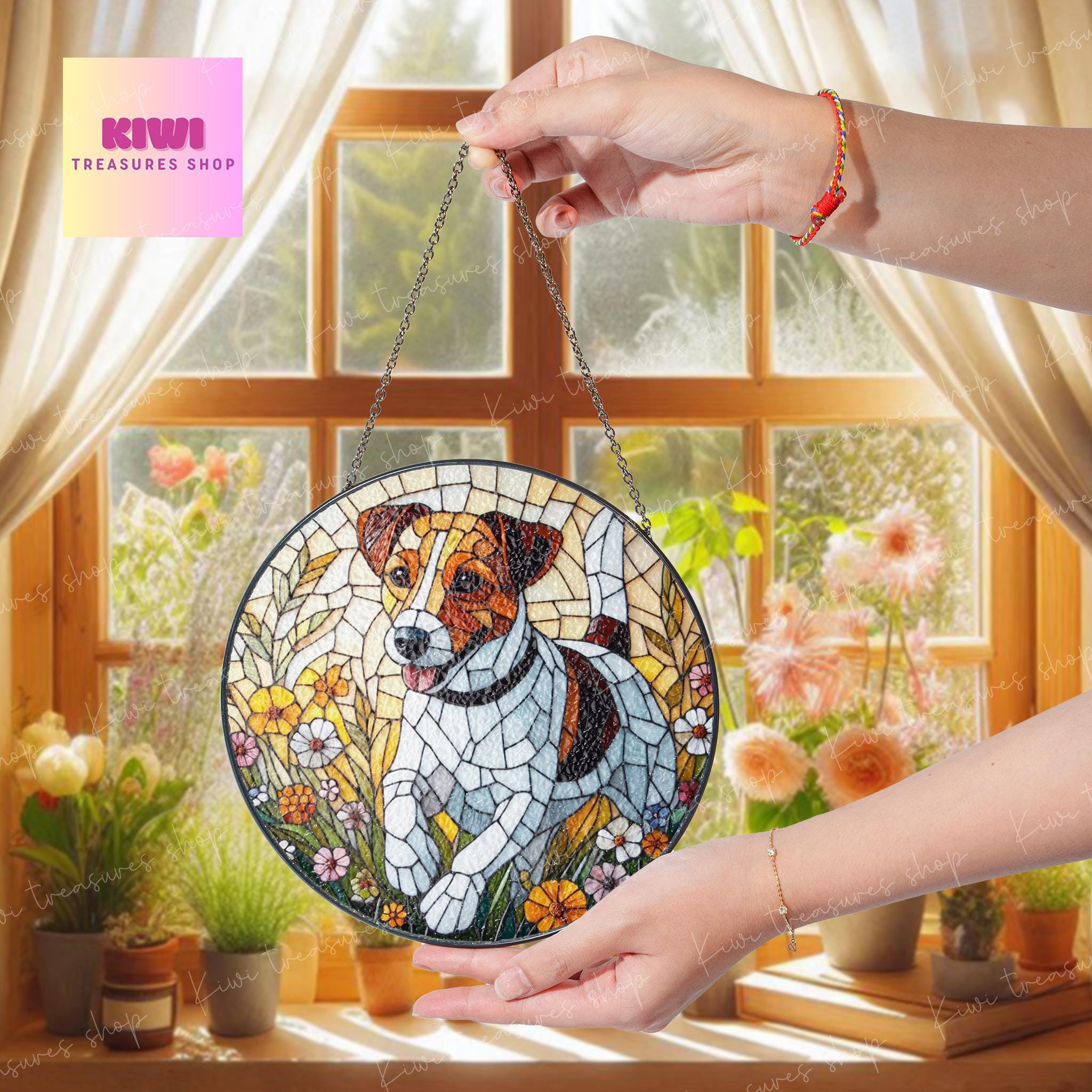 Jack Russell Terrier wildflowers GLASS Suncatcher Hanging, Jack Russell Terrier glass, dog suncatcher hanging, dog mom gift
