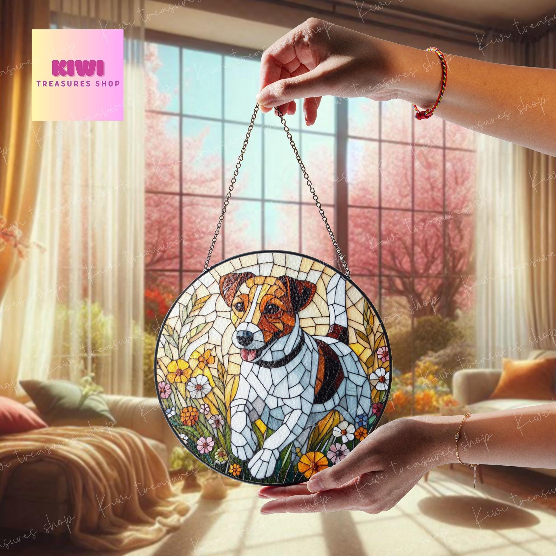 Jack Russell Terrier wildflowers GLASS Suncatcher Hanging, Jack Russell Terrier glass, dog suncatcher hanging, dog mom gift
