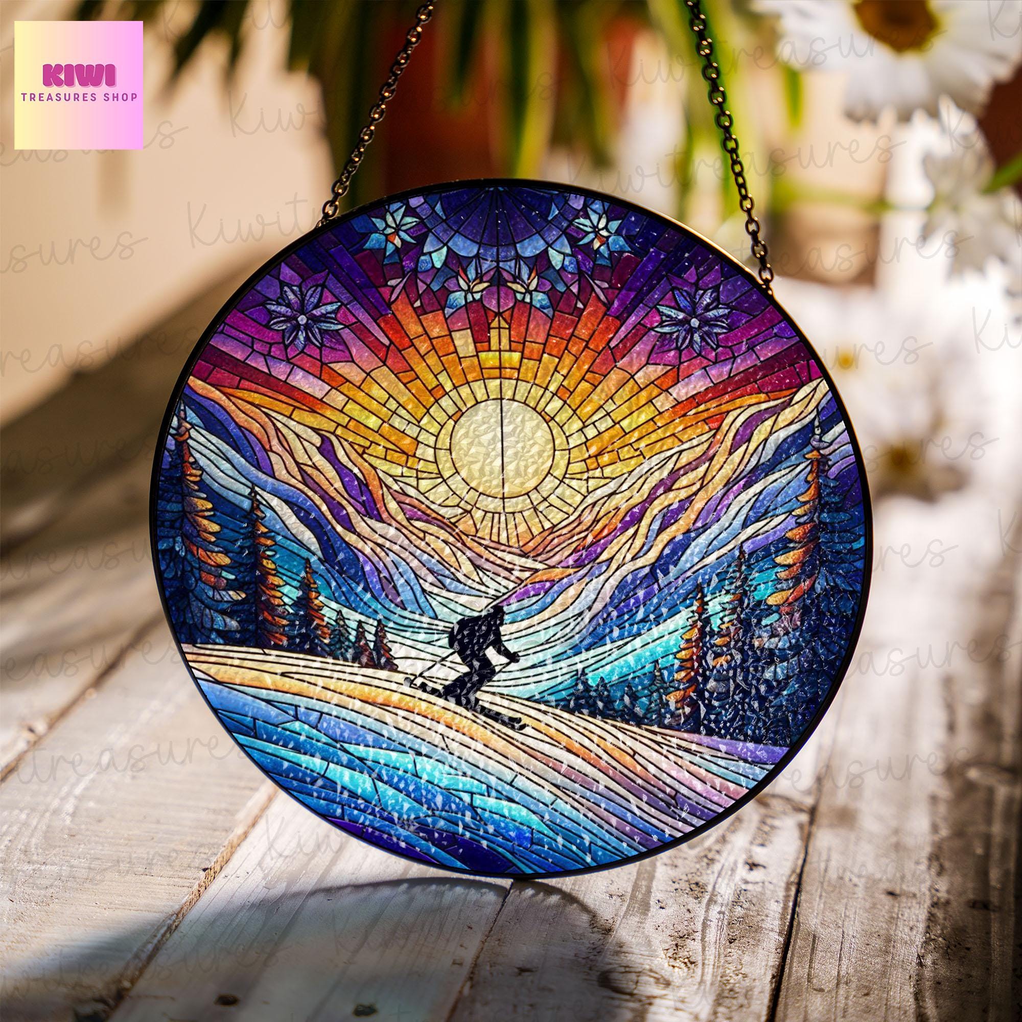 Winter mountain range GLASS Suncatcher Hanging, Sunset Mountain range glass gift for skier lover Home decoration, Skier gift