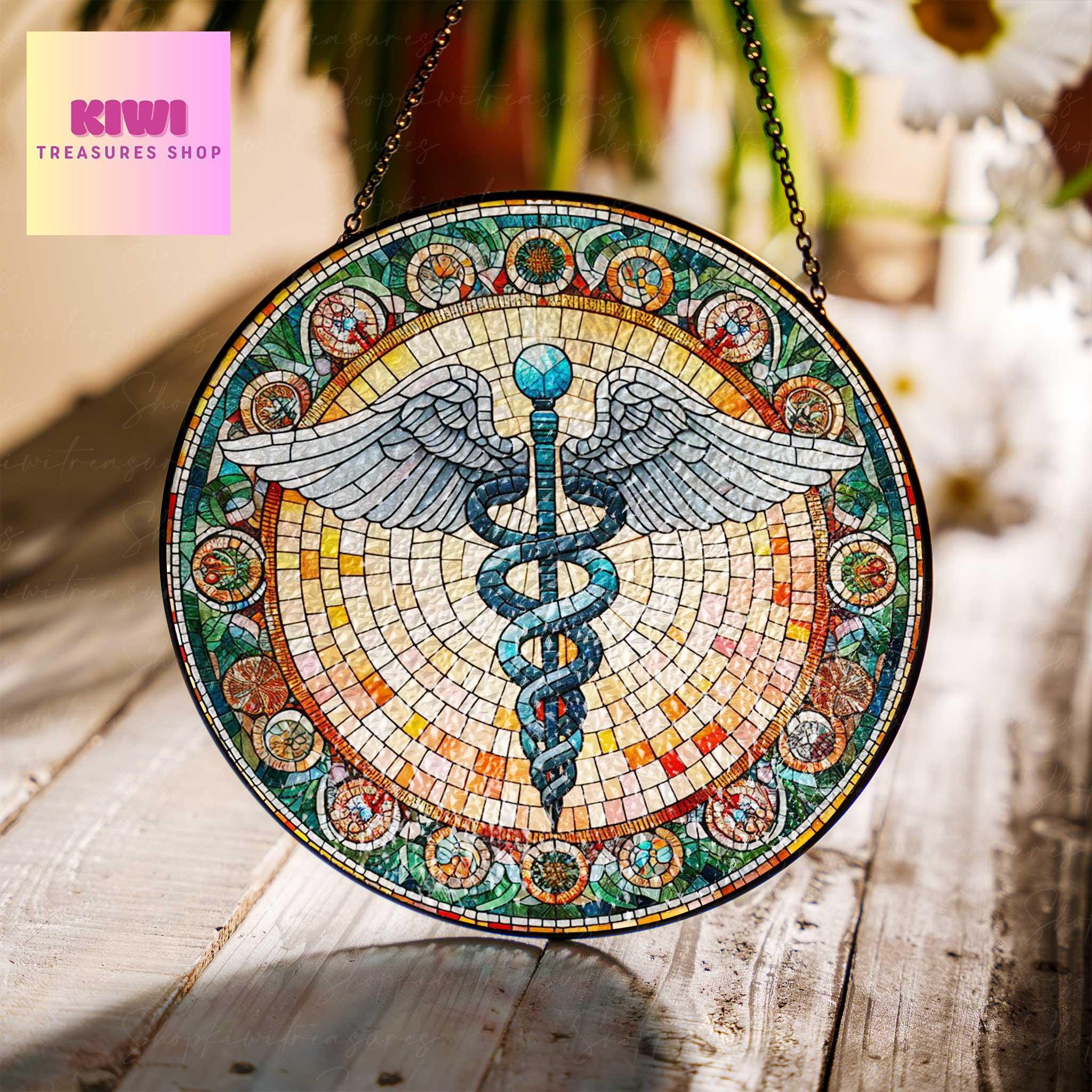 Caduceus GLASS Suncatcher Hanging Medical Nurse gift Window hanging Suncatcher ornament gift for Nurse home decoration, Caduceus ornament