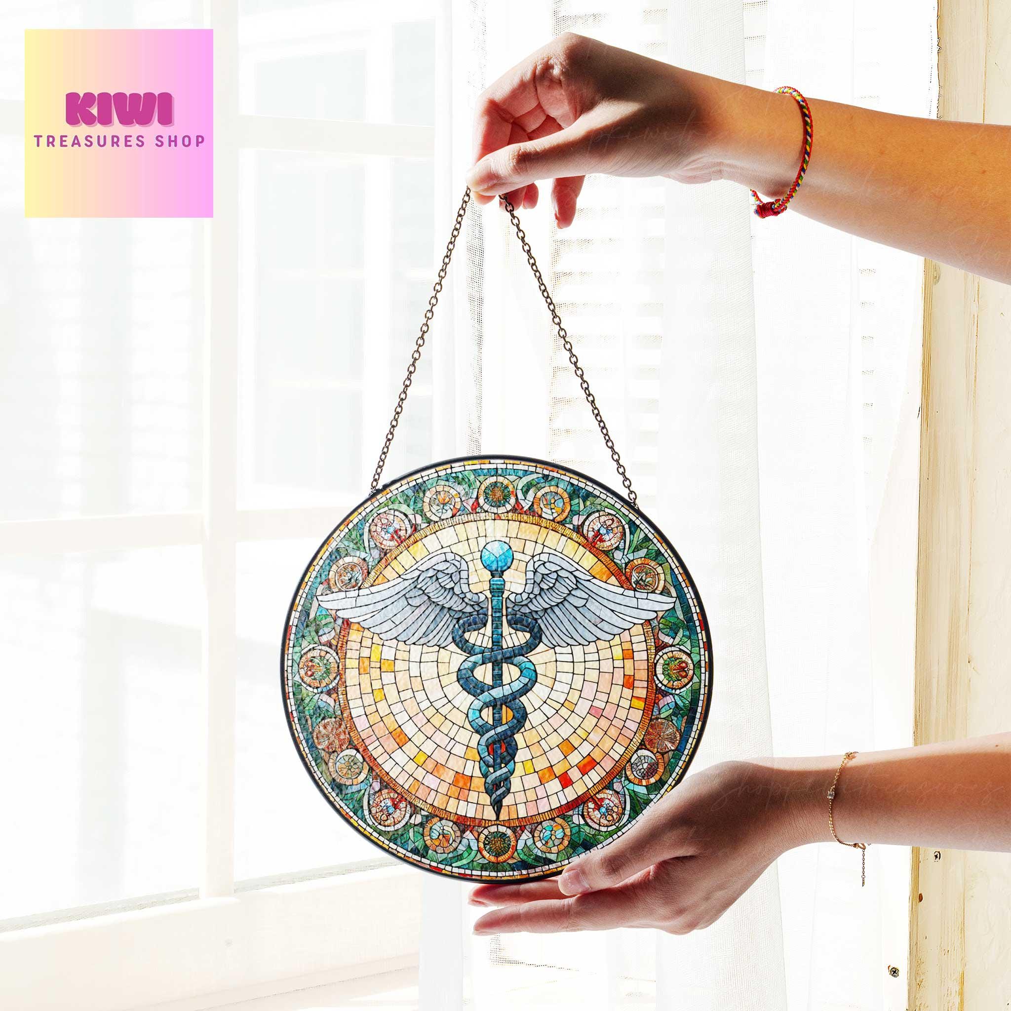 Caduceus GLASS Suncatcher Hanging Medical Nurse gift Window hanging Suncatcher ornament gift for Nurse home decoration, Caduceus ornament