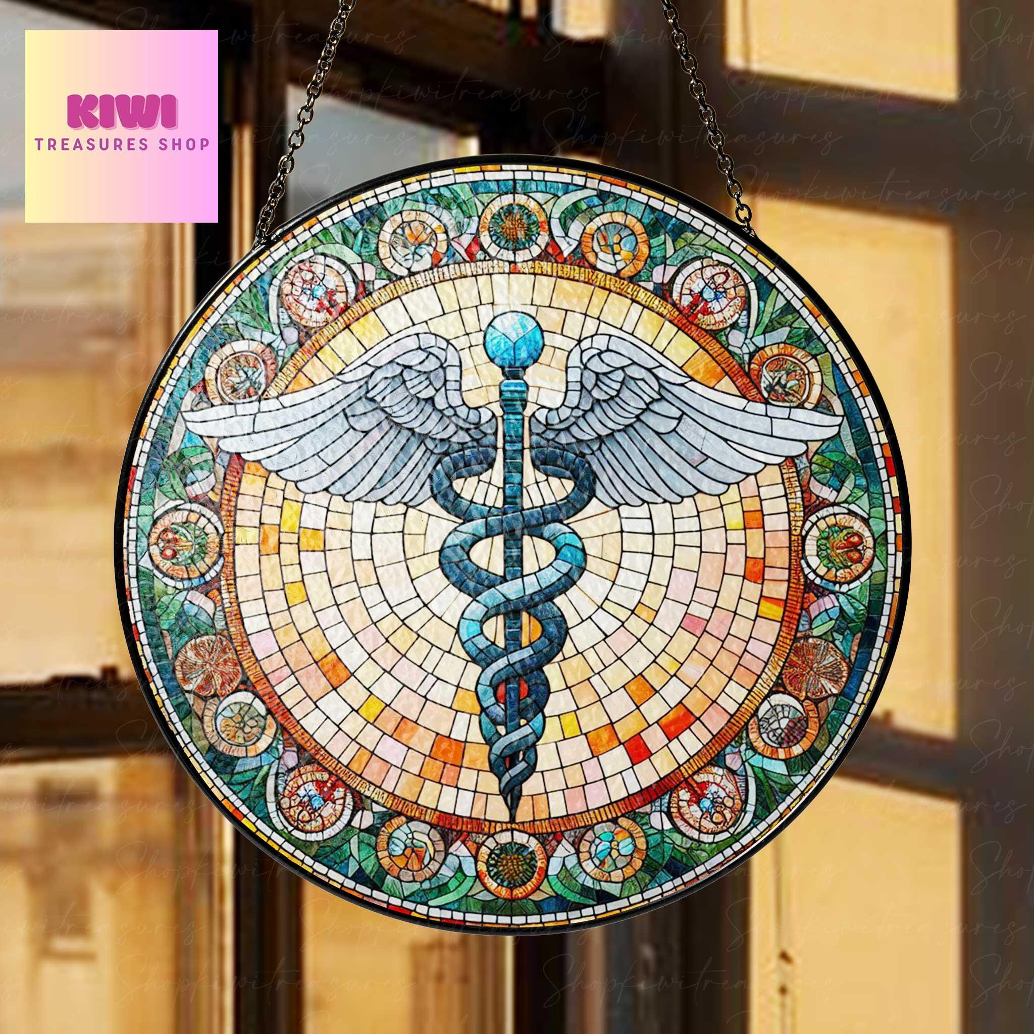 Caduceus GLASS Suncatcher Hanging Medical Nurse gift Window hanging Suncatcher ornament gift for Nurse home decoration, Caduceus ornament