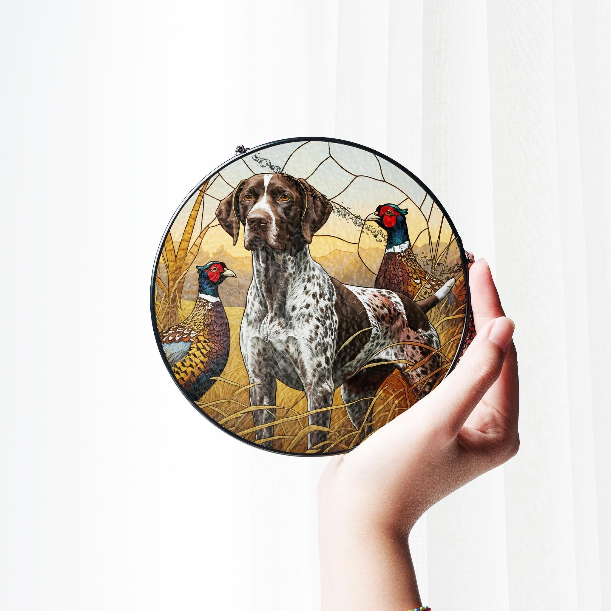 German Shorthaired Pointer Dog Suncatcher, Ring-Necked Pheasants Scene, Perfect Nature Decor for Hunters and Bird Watchers