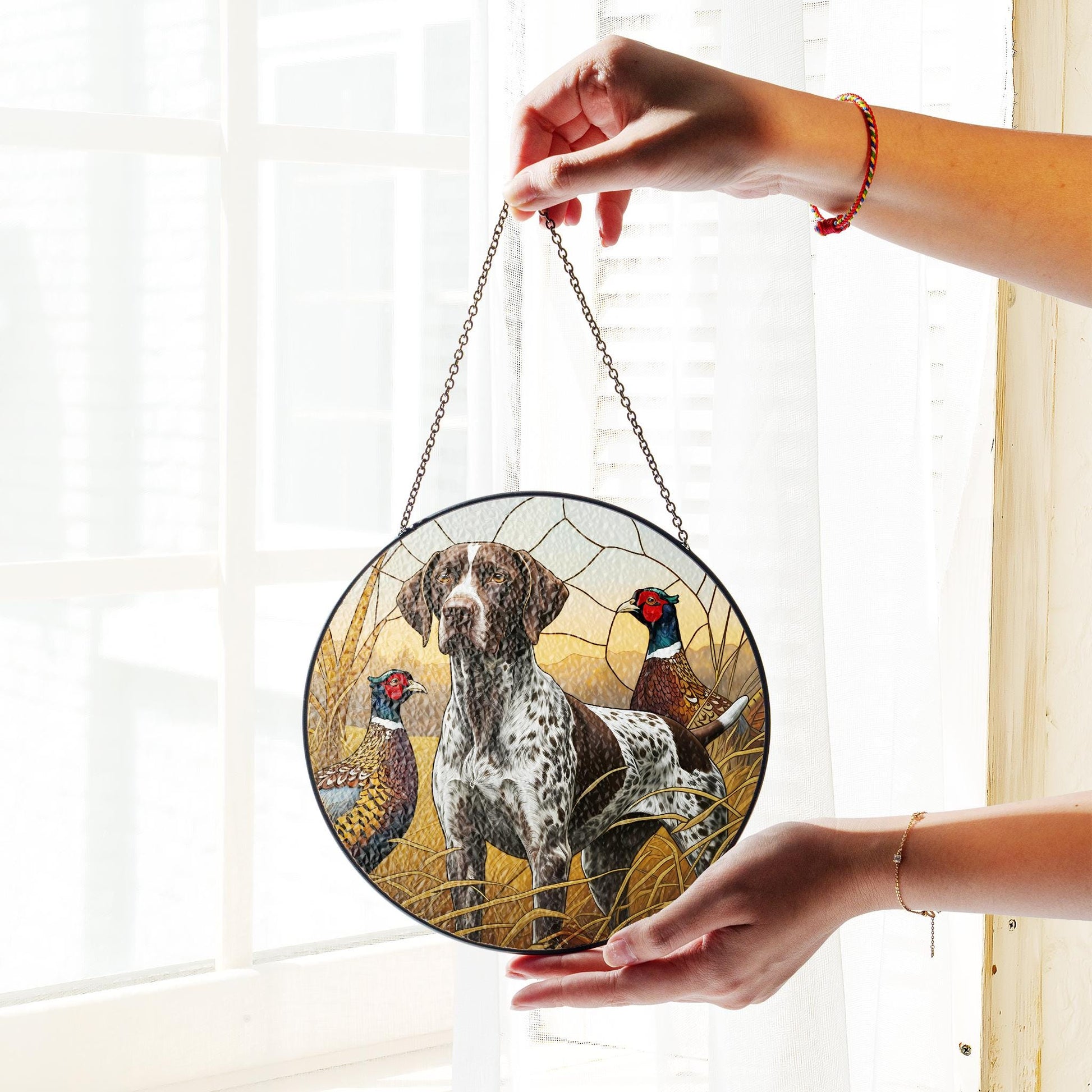 German Shorthaired Pointer Dog Suncatcher, Ring-Necked Pheasants Scene, Perfect Nature Decor for Hunters and Bird Watchers