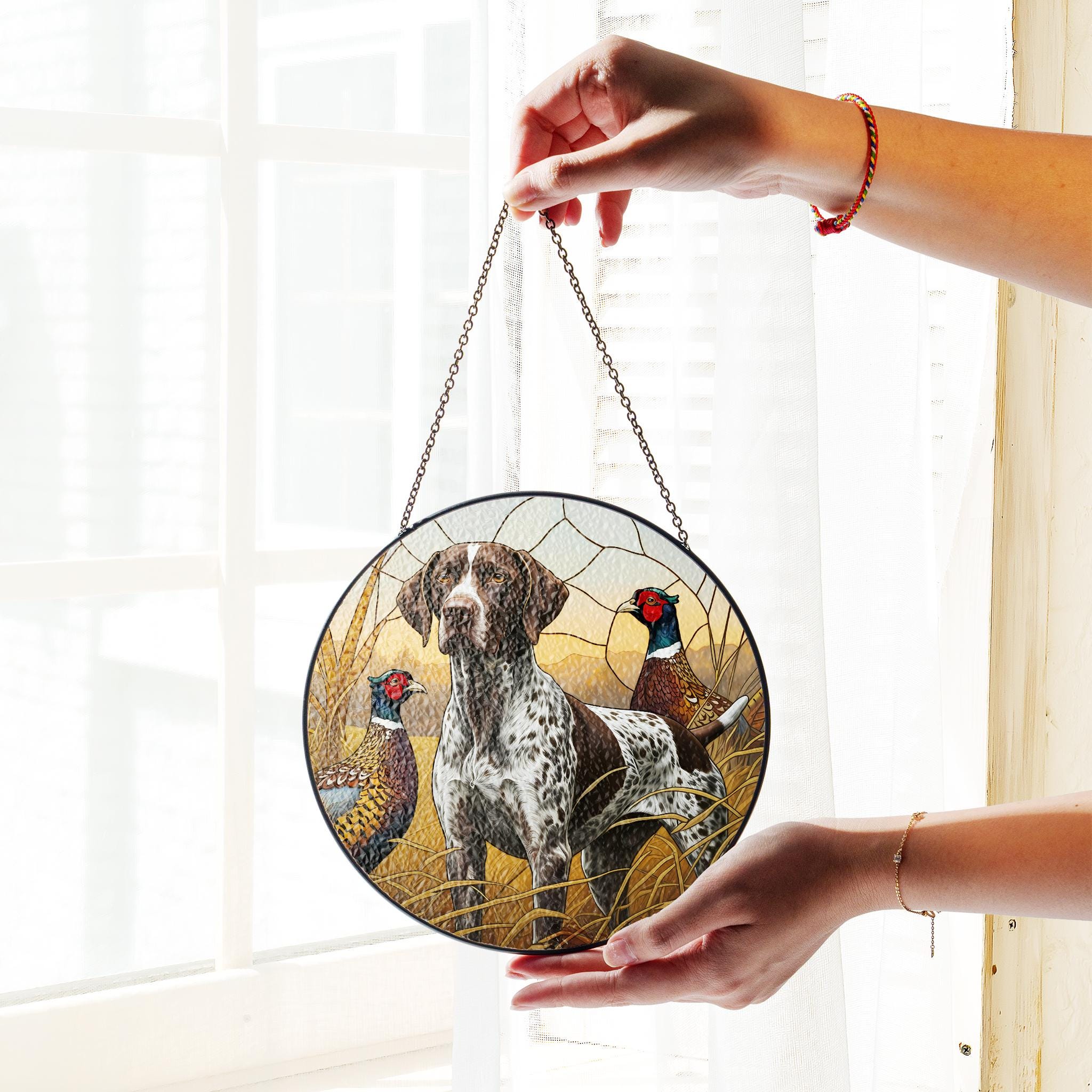 German Shorthaired Pointer Dog Suncatcher, Ring-Necked Pheasants Scene, Perfect Nature Decor for Hunters and Bird Watchers