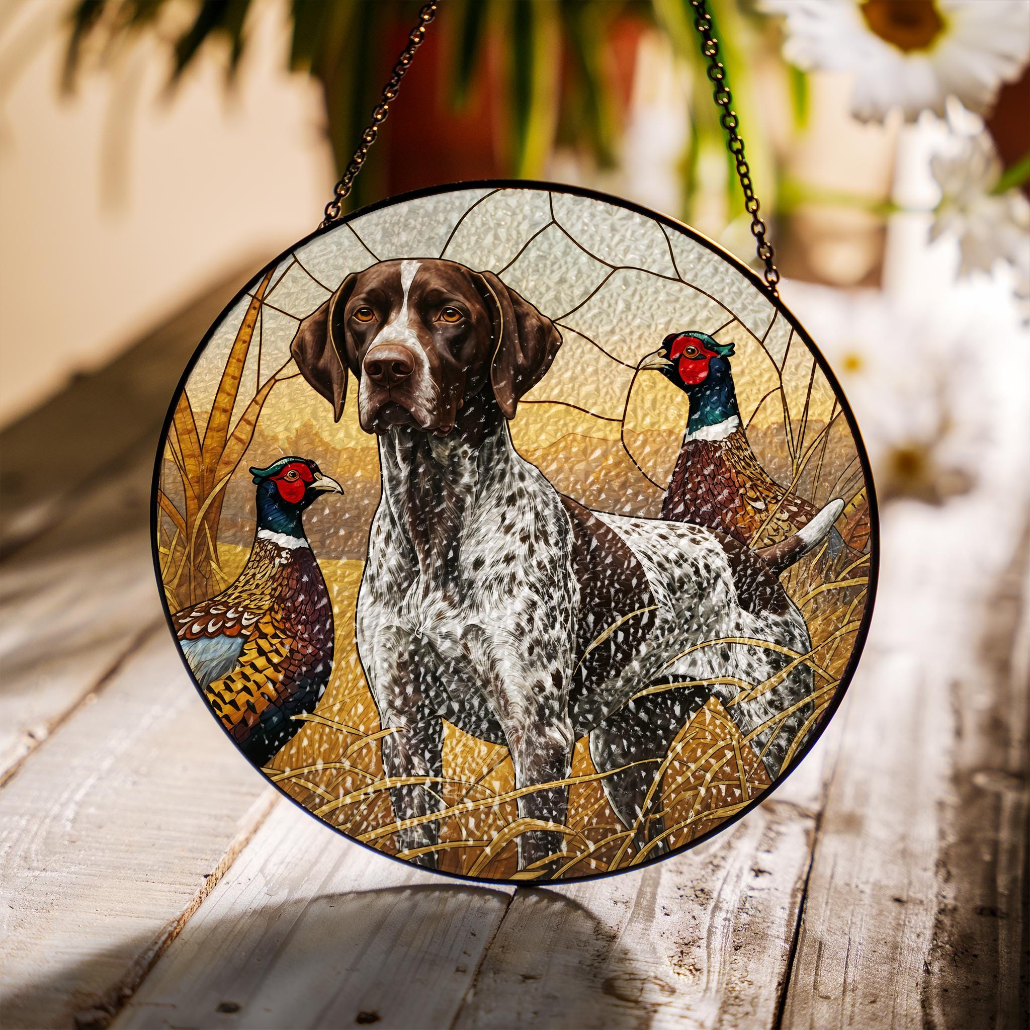 German Shorthaired Pointer Dog Suncatcher, Ring-Necked Pheasants Scene, Perfect Nature Decor for Hunters and Bird Watchers