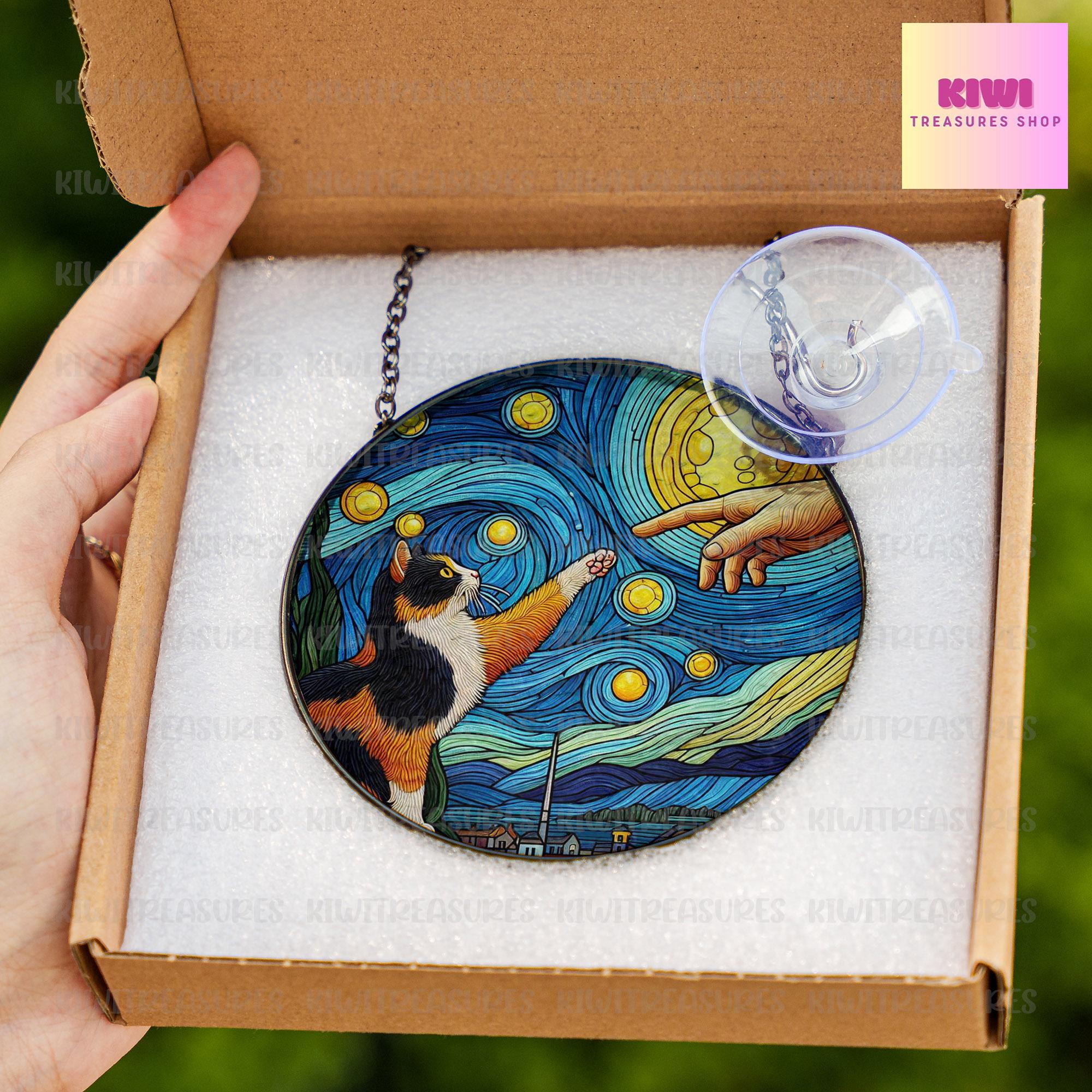 Calico cat touching human hand GLASS suncatcher Hanging, Calico cat glass hanging, starry night Suncatcher, Calico lover gift, memorial gift