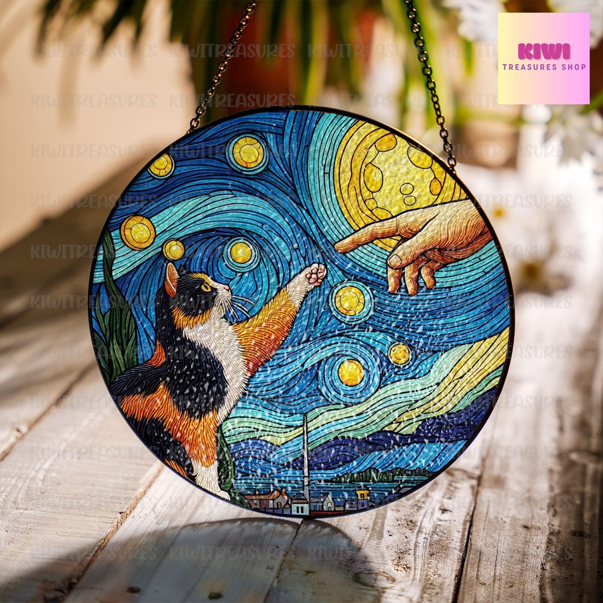 Calico cat touching human hand GLASS suncatcher Hanging, Calico cat glass hanging, starry night Suncatcher, Calico lover gift, memorial gift