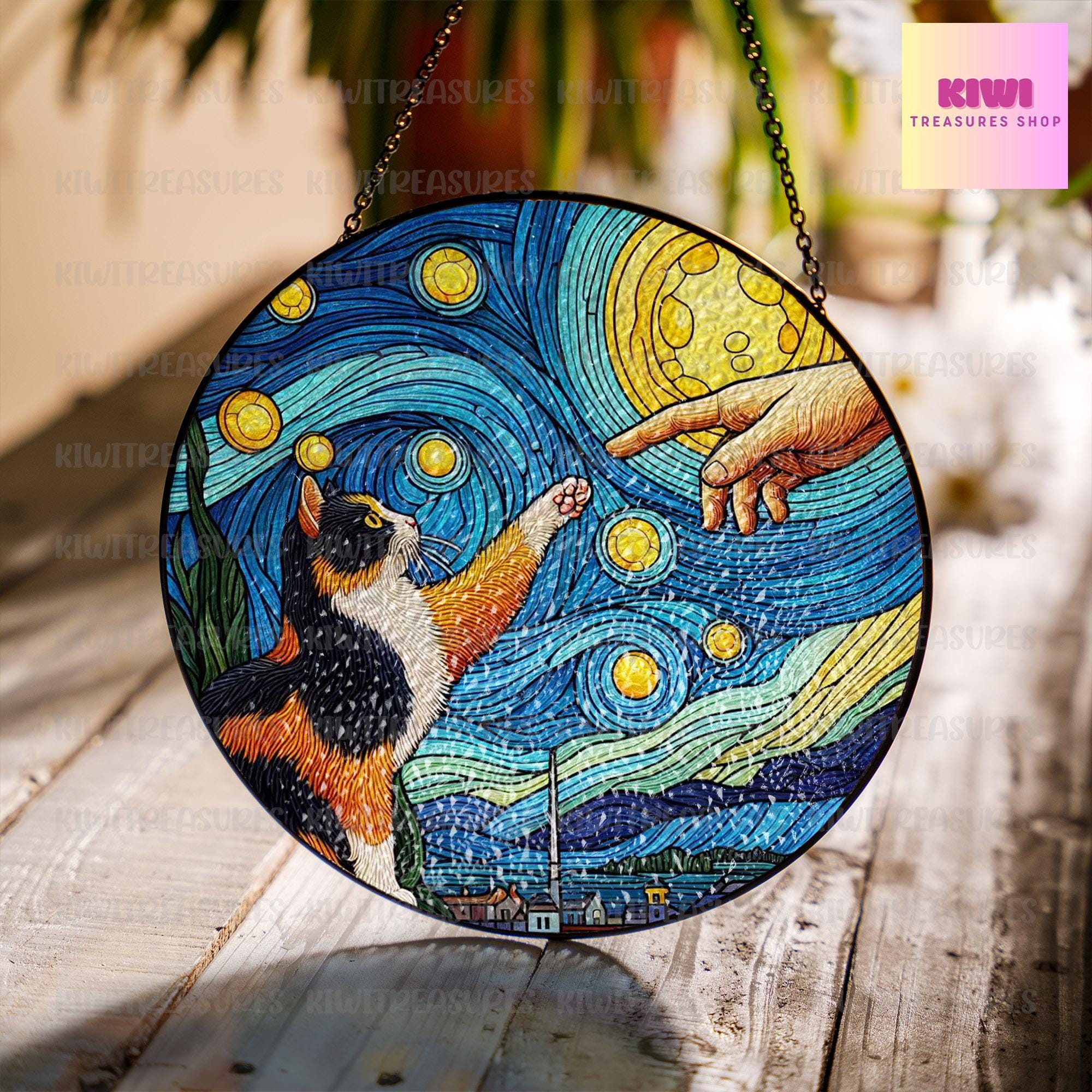 Calico cat touching human hand GLASS suncatcher Hanging, Calico cat glass hanging, starry night Suncatcher, Calico lover gift, memorial gift