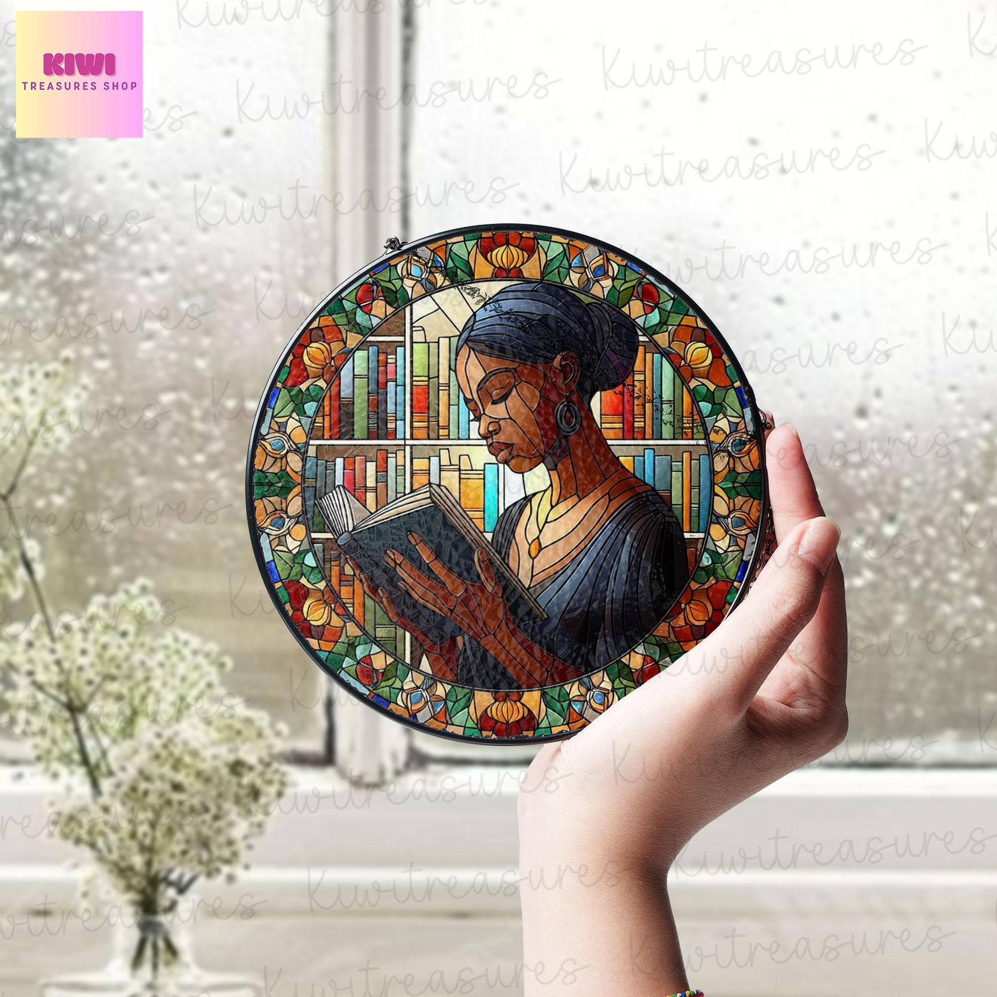 Educated Black woman GLASS Window Hanging, Well read woman Window hanging, Bookshelf suncatcher, Black history, African woman gift