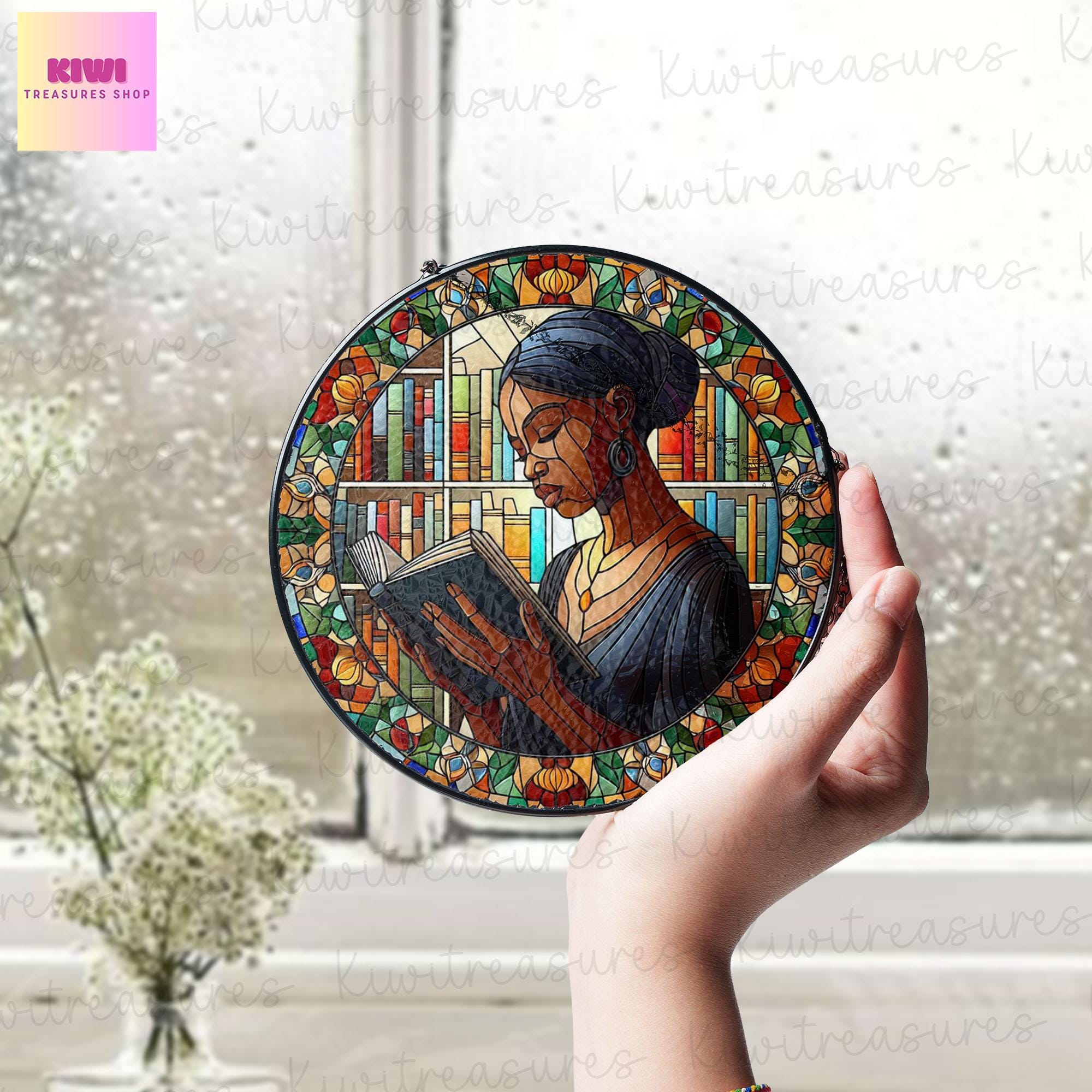Educated Black woman GLASS Window Hanging, Well read woman Window hanging, Bookshelf suncatcher, Black history, African woman gift