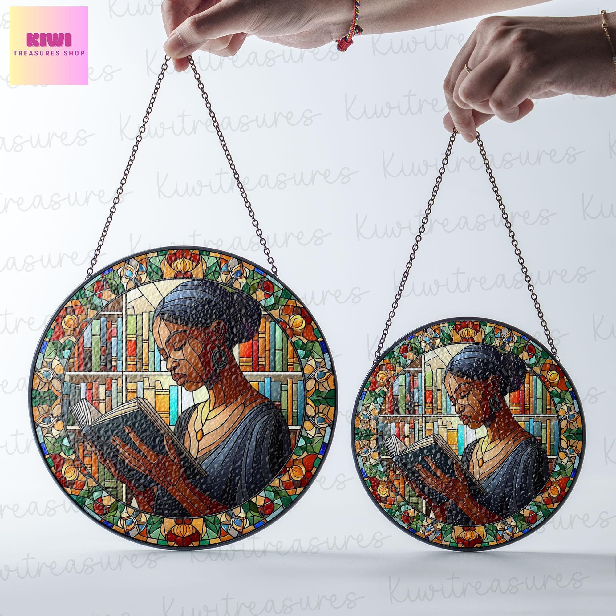 Educated Black woman GLASS Window Hanging, Well read woman Window hanging, Bookshelf suncatcher, Black history, African woman gift