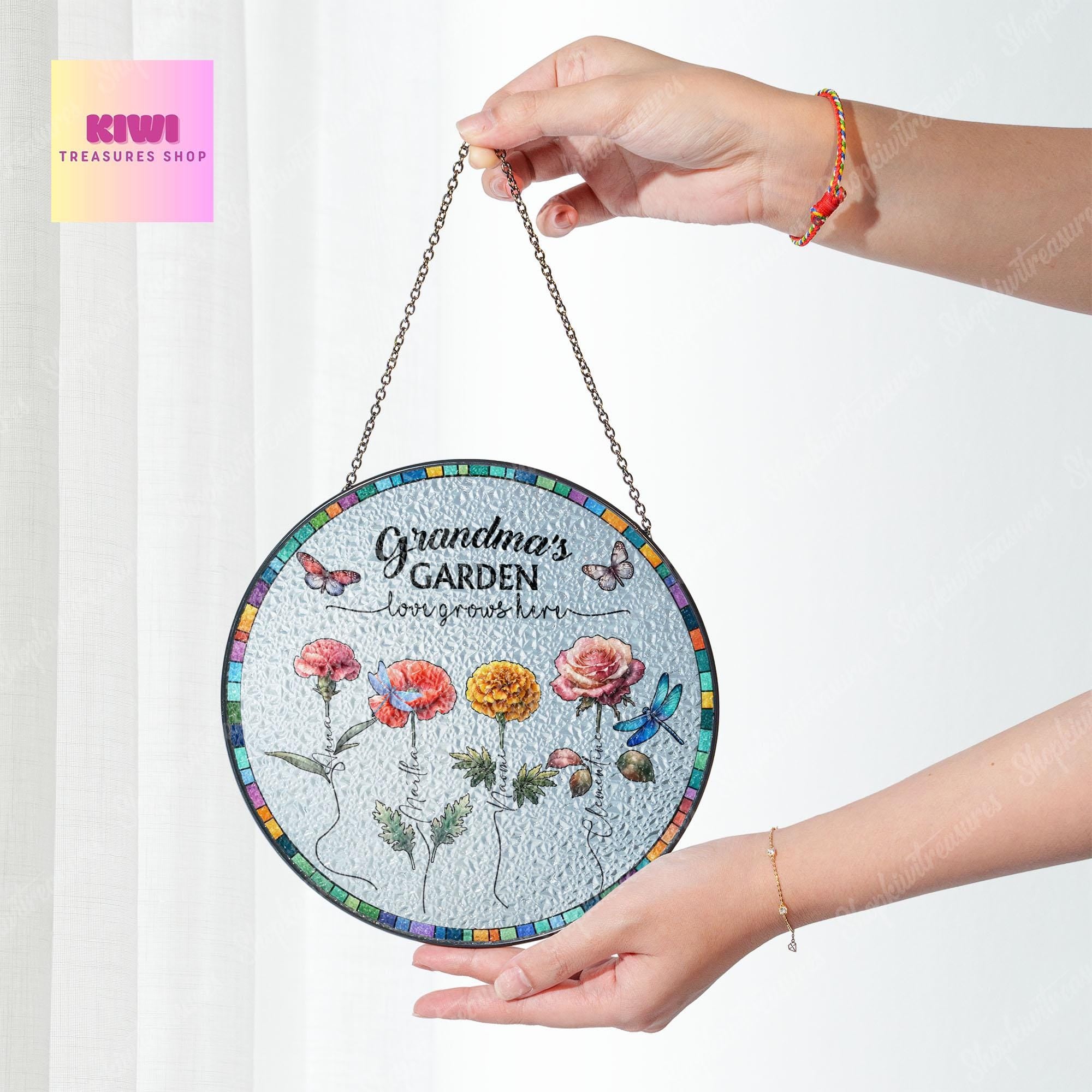 Personalized Birth Month Flowers Mom Grandma Garden Glass Suncatcher, Birth Flower Glass Ornament For Mom Nana, Custom Bouquet flowers Decor