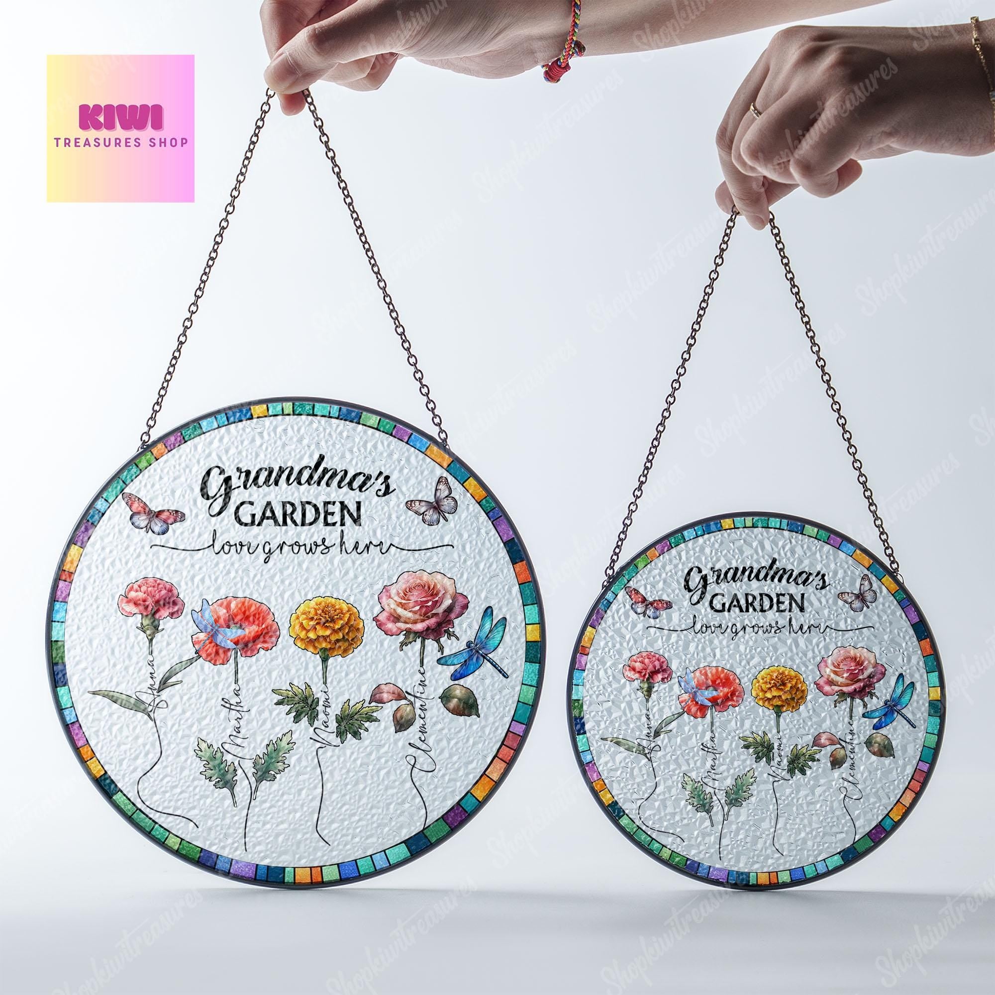 Personalized Birth Month Flowers Mom Grandma Garden Glass Suncatcher, Birth Flower Glass Ornament For Mom Nana, Custom Bouquet flowers Decor