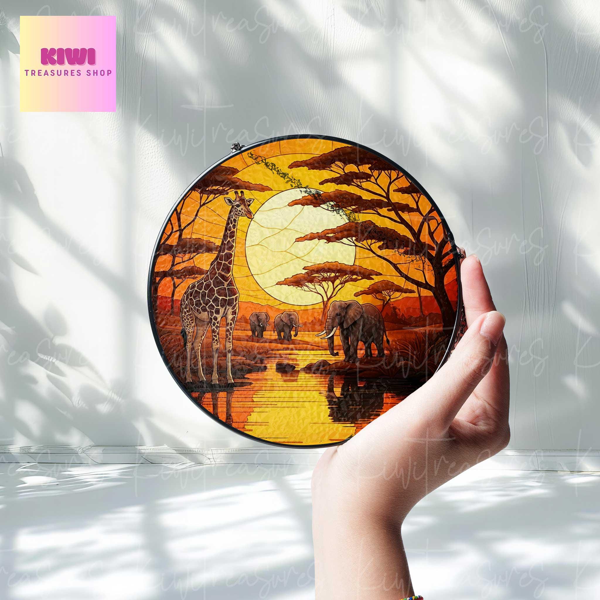 African Safari Glass Suncatcher,  Africa Savannah Travel, Vacation Keepsake Souvenir for Safari Animal Lovers, Traveler gift, home decor