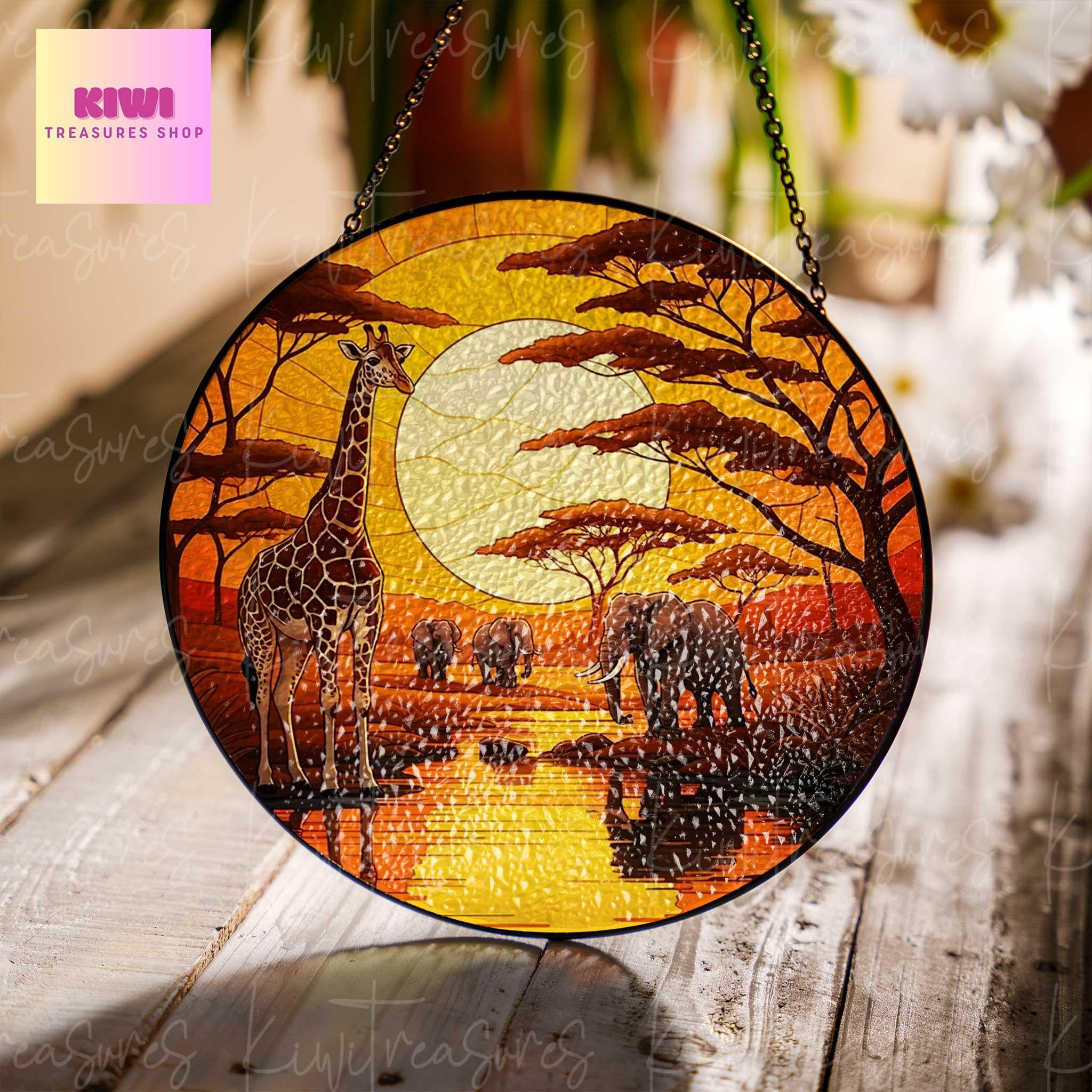 African Safari Glass Suncatcher,  Africa Savannah Travel, Vacation Keepsake Souvenir for Safari Animal Lovers, Traveler gift, home decor