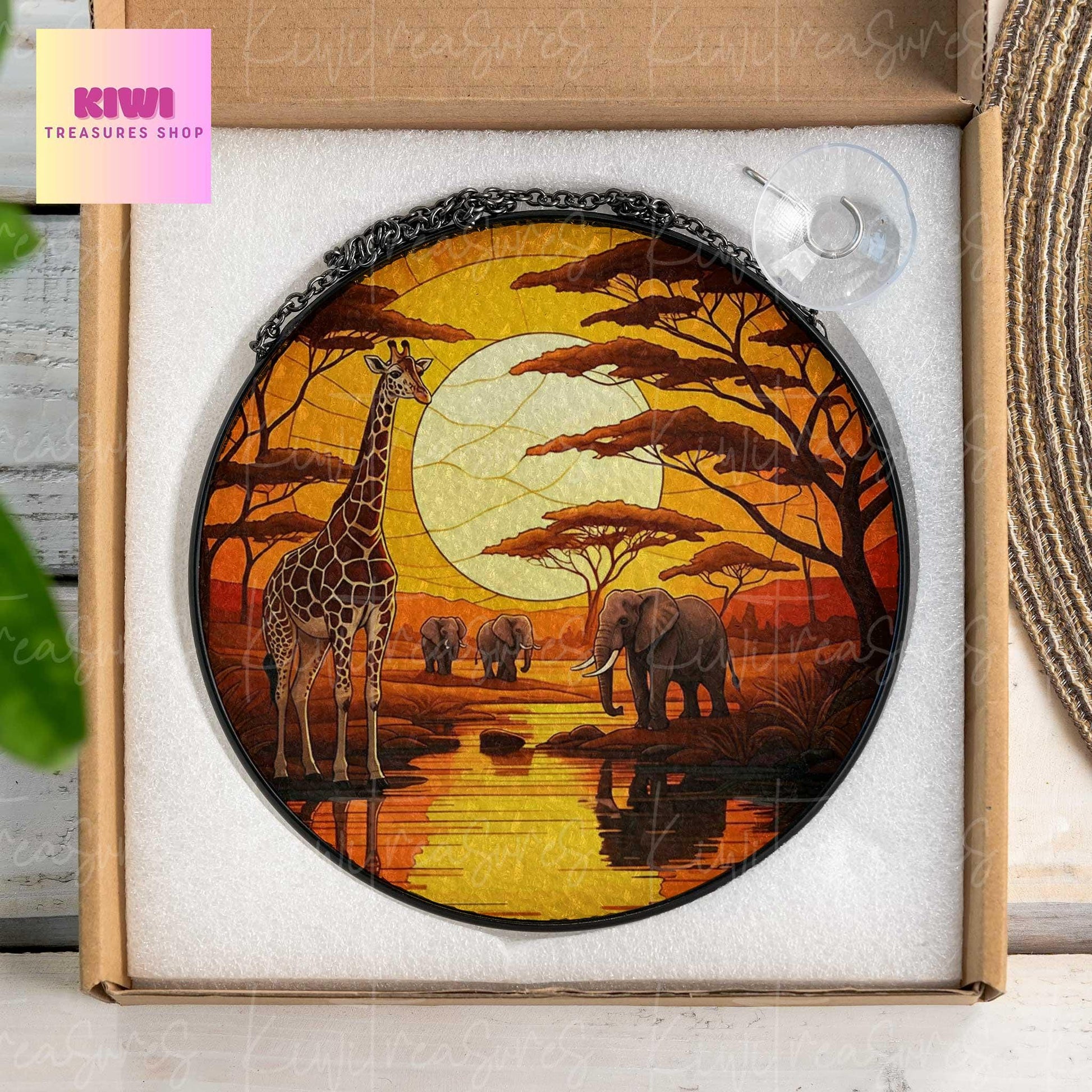 African Safari Glass Suncatcher,  Africa Savannah Travel, Vacation Keepsake Souvenir for Safari Animal Lovers, Traveler gift, home decor