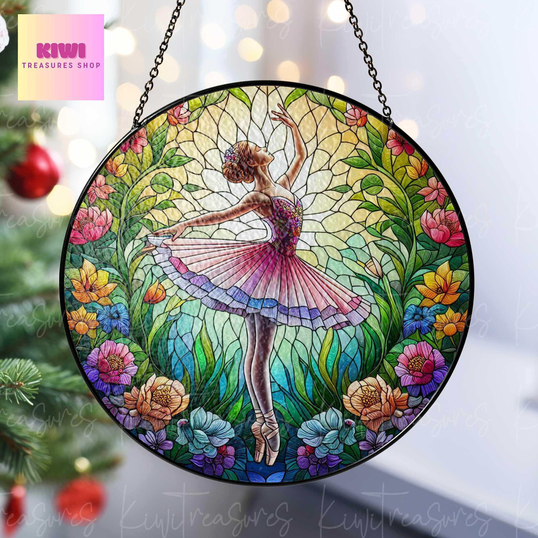 Ballet Girl among wildflower GLASS Suncatcher Hanging, Ballerina idea gift Home decoration for Ballet teacher window hanging ballet lover
