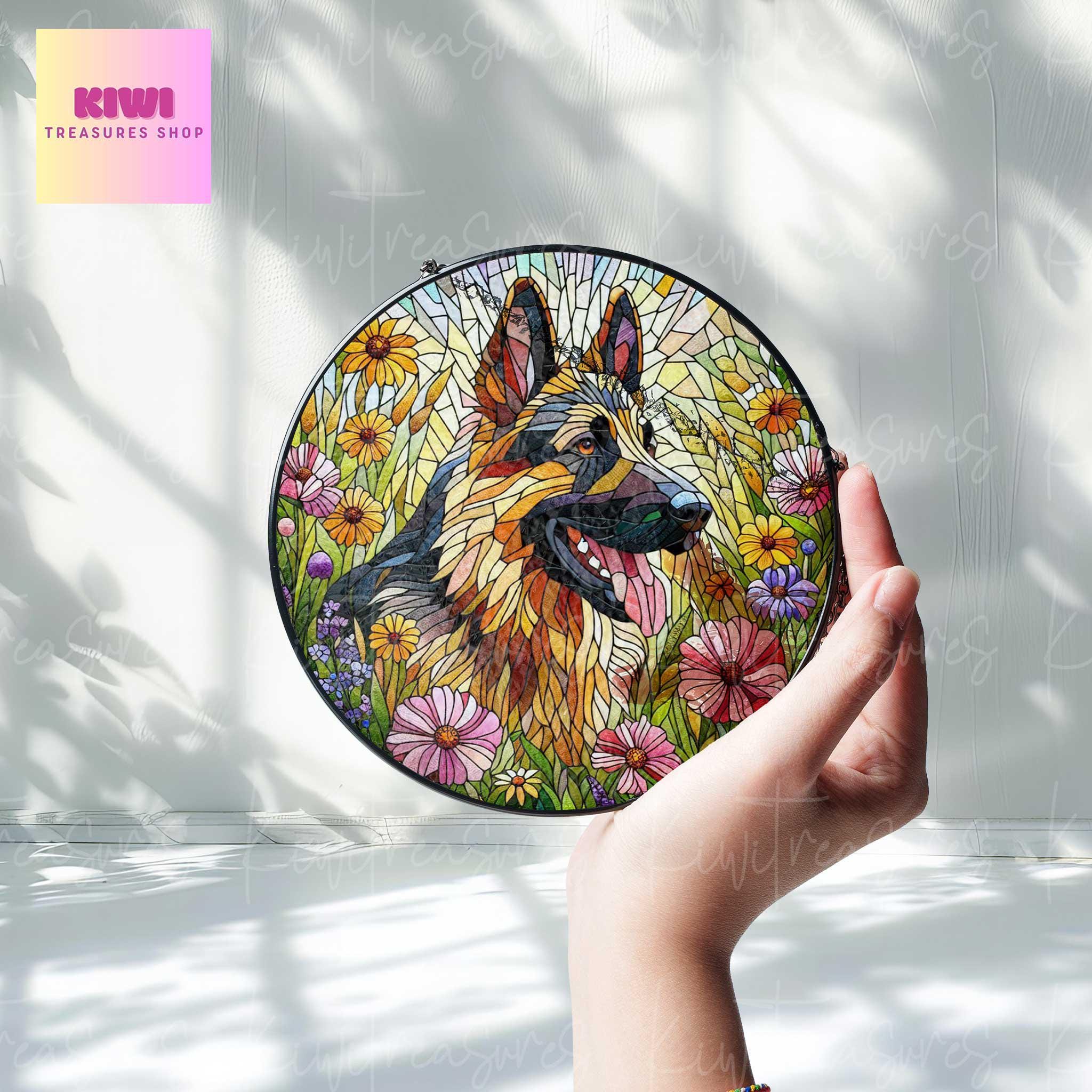 Germand shepherd wildflowers GLASS Suncatcher Hanging, german shepherd suncatcher window decor, dog mom gift suncatcher hanging