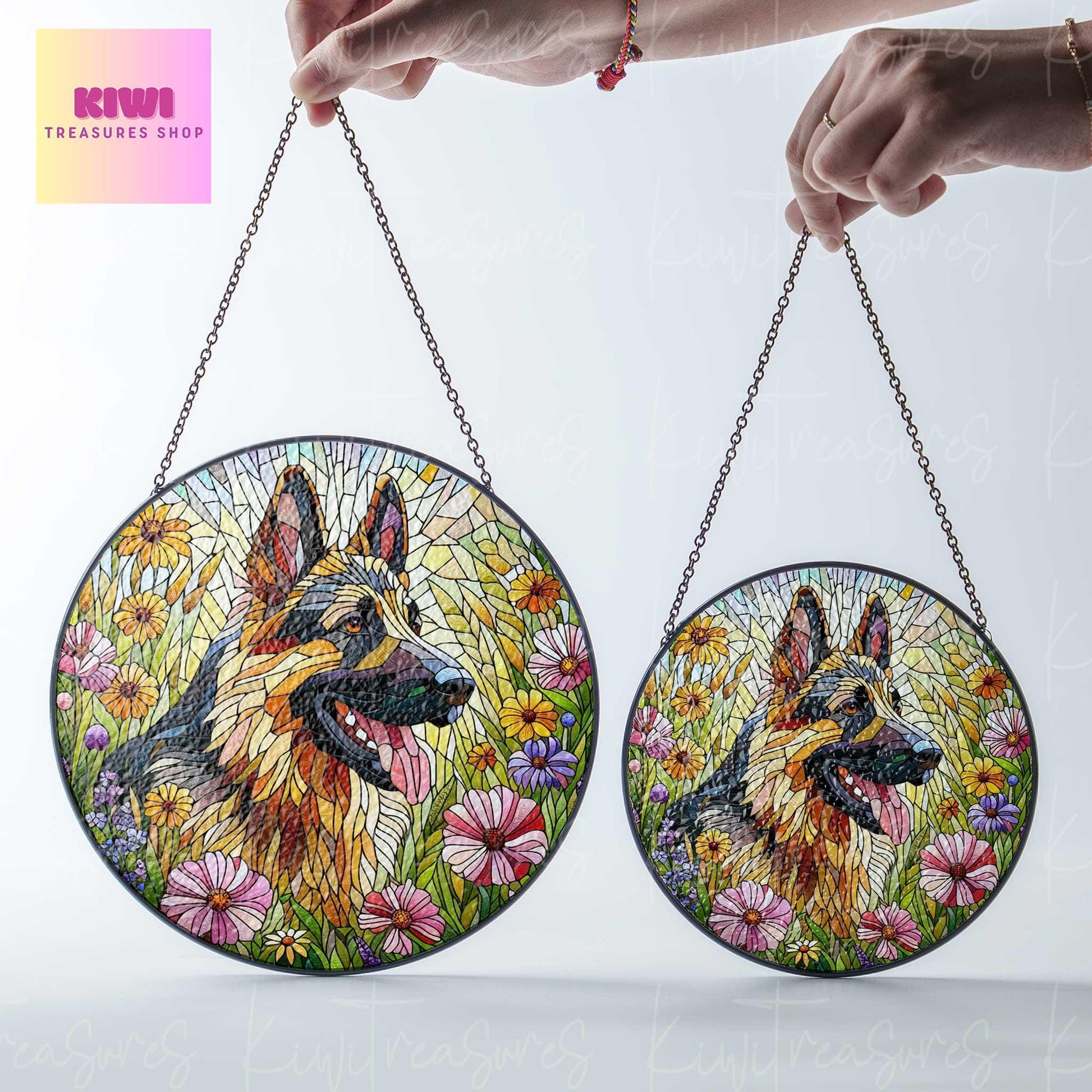 Germand shepherd wildflowers GLASS Suncatcher Hanging, german shepherd suncatcher window decor, dog mom gift suncatcher hanging