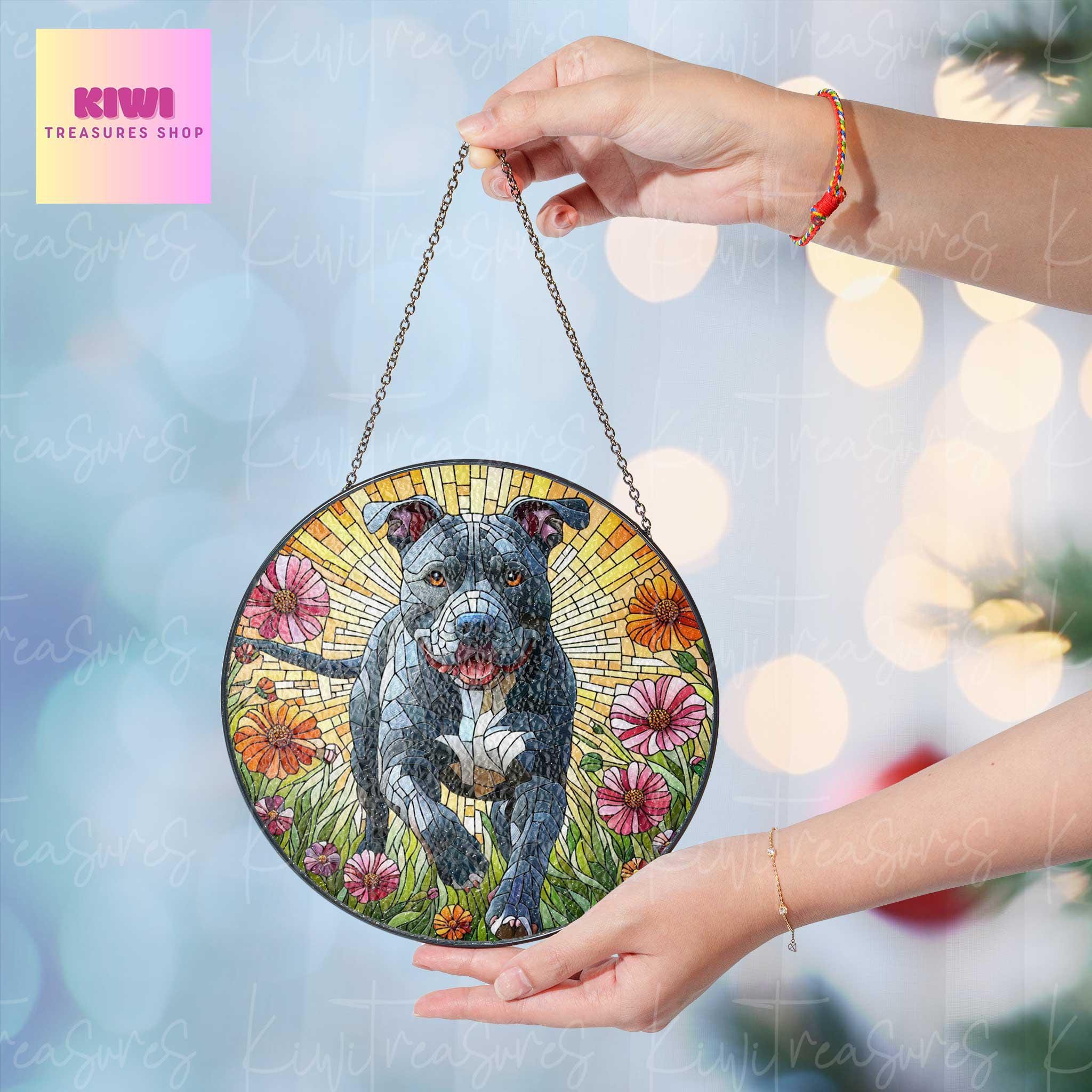 Pitbull wildflowers GLASS Suncatcher Hanging, Pitbull dog suncatcher window decor, dog mom gift suncatcher hanging, pitbull lover