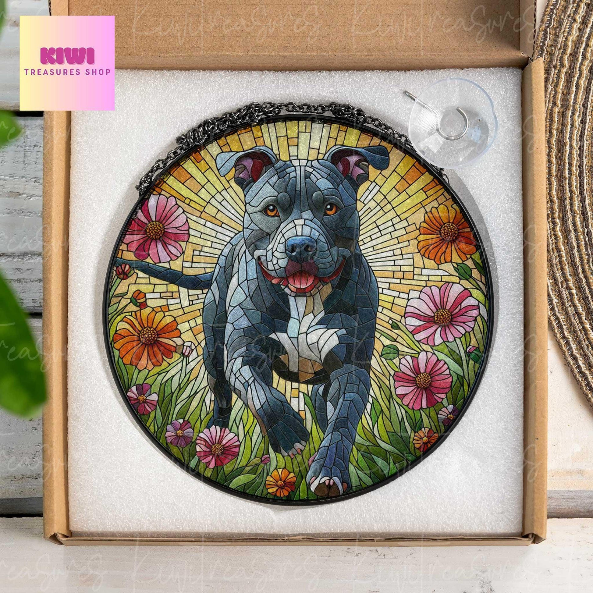 Pitbull wildflowers GLASS Suncatcher Hanging, Pitbull dog suncatcher window decor, dog mom gift suncatcher hanging, pitbull lover