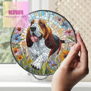 Basset Hound GLASS and Wildflowers Suncatcher Hanging, Basset Hound Suncatcher Ornament, Dog Lovers Gift, Dog Memorial Gift