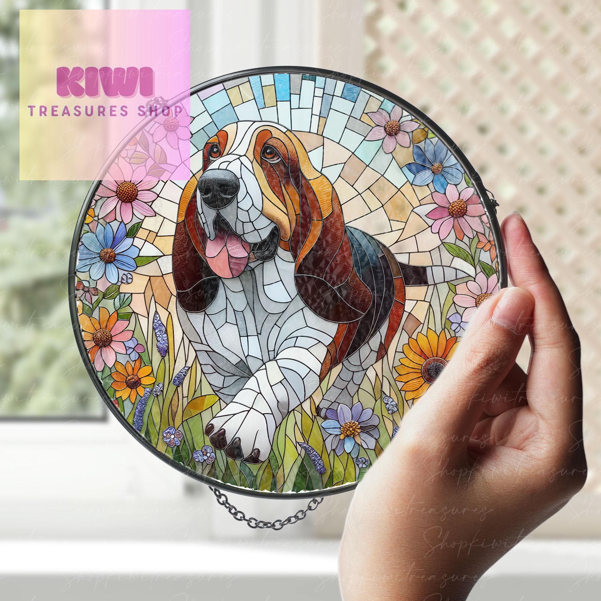 Basset Hound GLASS and Wildflowers Suncatcher Hanging, Basset Hound Suncatcher Ornament, Dog Lovers Gift, Dog Memorial Gift