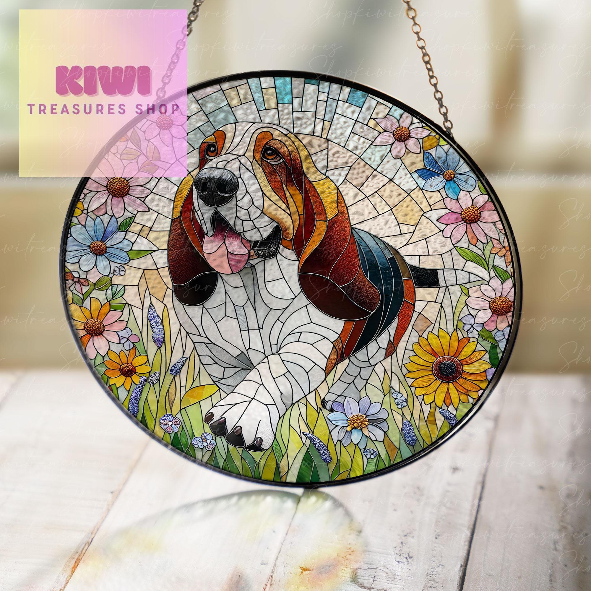 Basset Hound GLASS and Wildflowers Suncatcher Hanging, Basset Hound Suncatcher Ornament, Dog Lovers Gift, Dog Memorial Gift