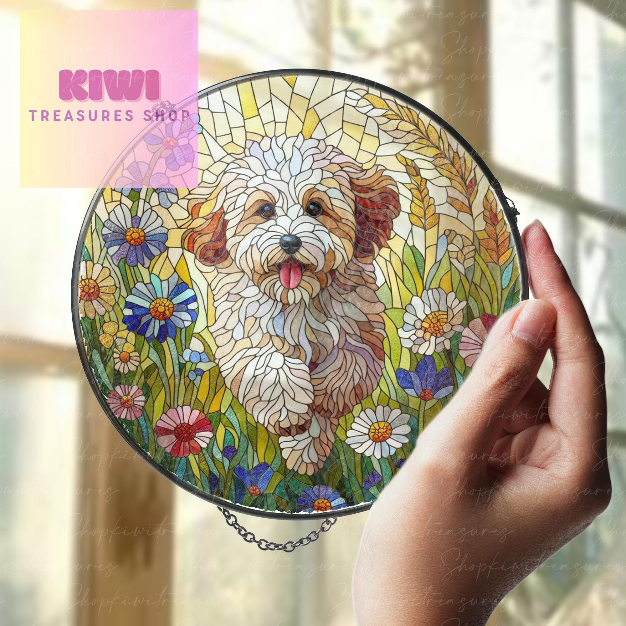 Cavapoo Dog GLASS and Wildflowers Suncatcher Hanging, Cavapoo Suncatcher Ornament, MOTHER'S DAY gift 2025, Dog Memorial Gift, Cavapoo Lover