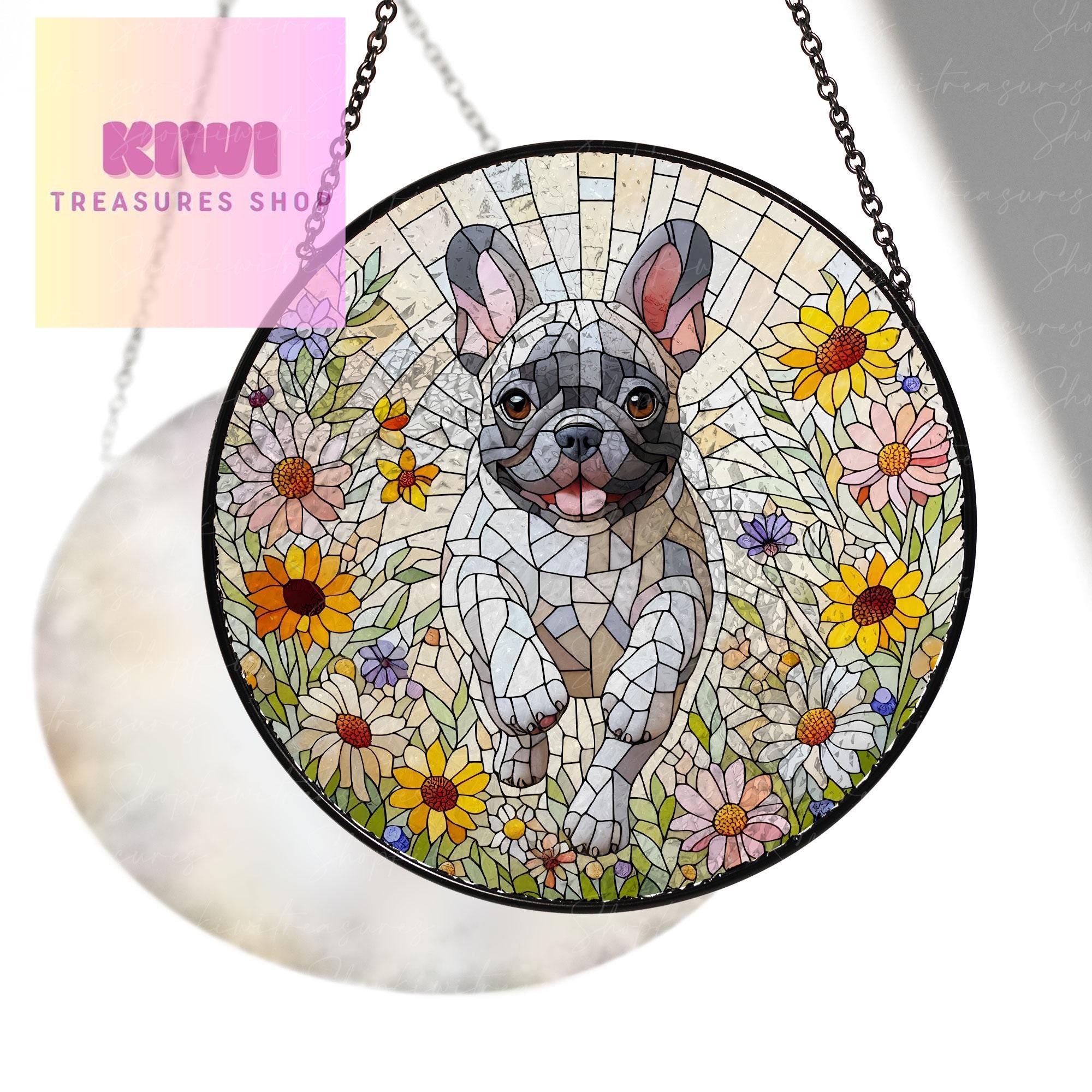 French Bulldog and Wildflower GLASS Suncatcher Hanging, French Bulldog Suncatcher Ornament, Dog Lovers Gift, Dog Memorial Gift, Flower GLASS