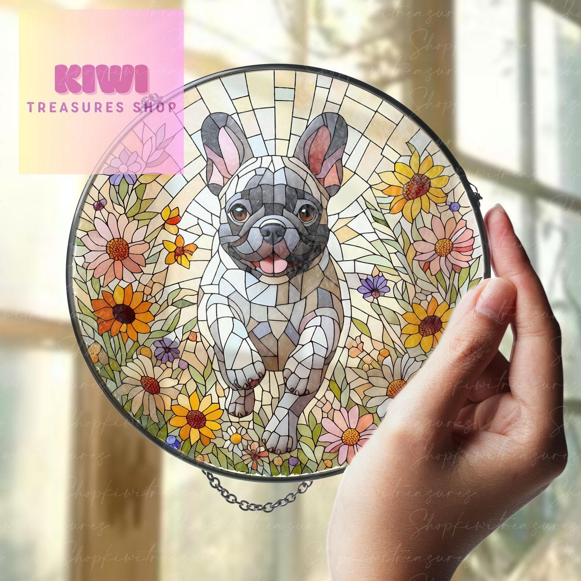French Bulldog and Wildflower GLASS Suncatcher Hanging, French Bulldog Suncatcher Ornament, Dog Lovers Gift, Dog Memorial Gift, Flower GLASS