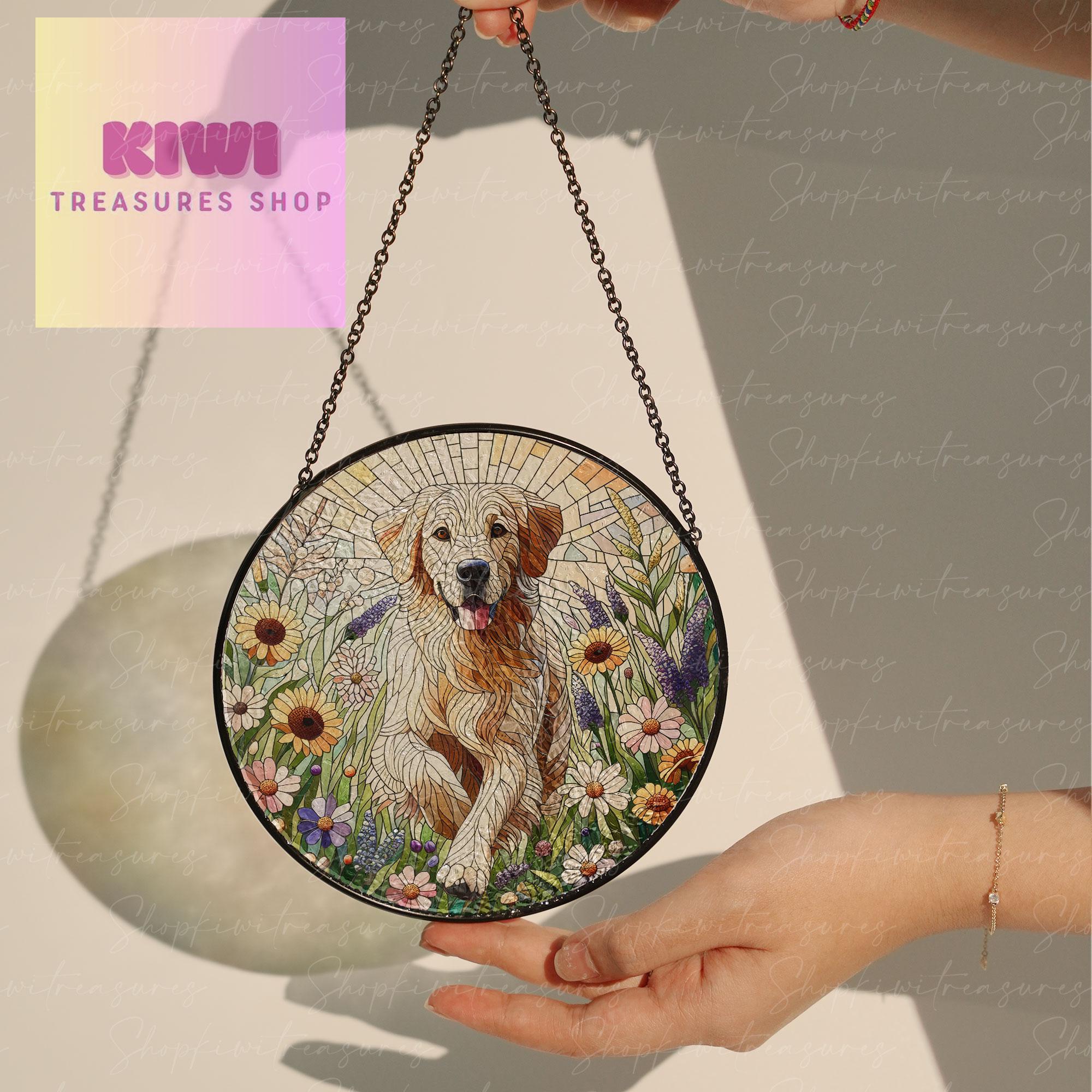 Golden Retriever and Wildflowers GLASS Suncatcher Hanging, Golden Retriever Suncatcher Ornament, Dog Lovers Gift, Dog Memorial Gift