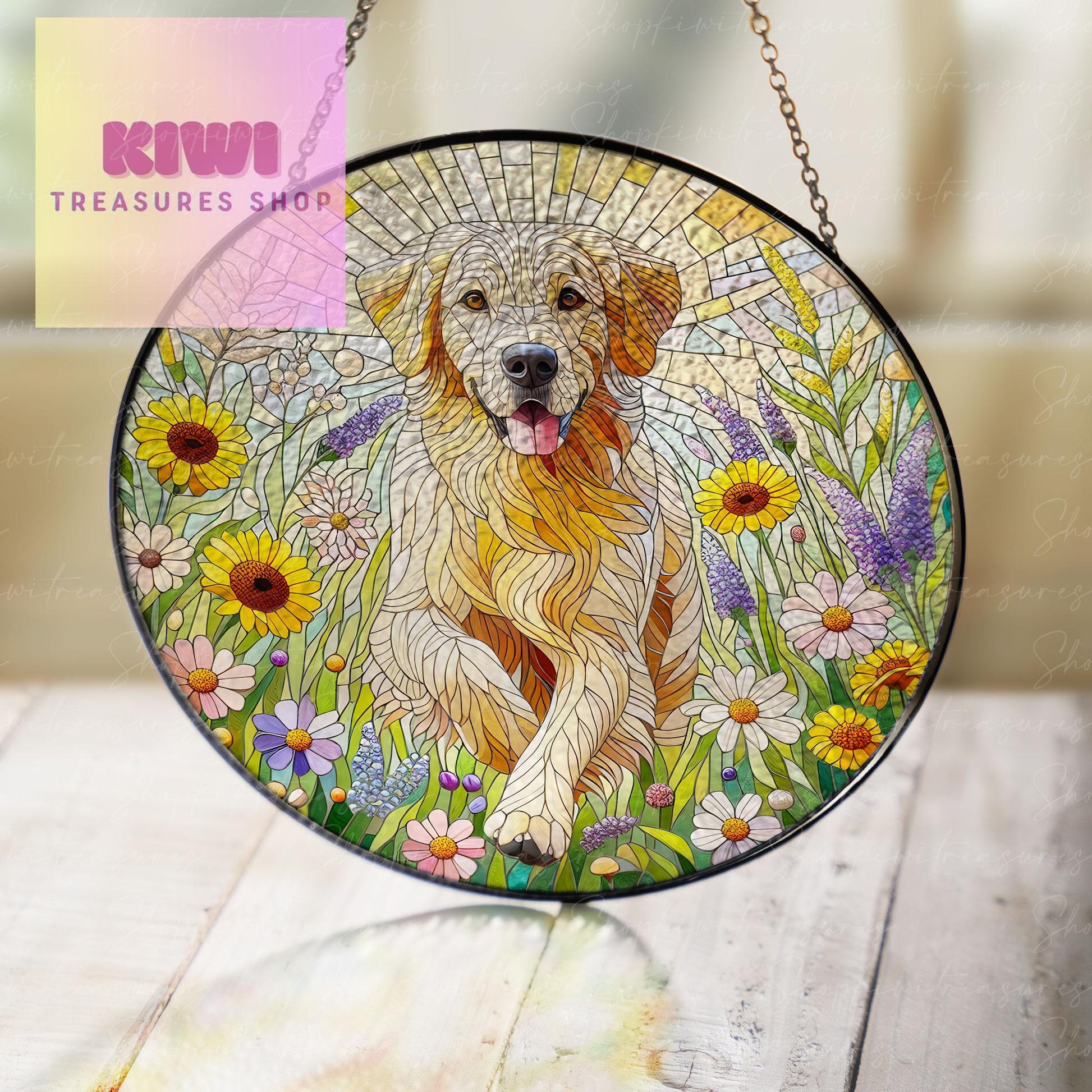 Golden Retriever and Wildflowers GLASS Suncatcher Hanging, Golden Retriever Suncatcher Ornament, Dog Lovers Gift, Dog Memorial Gift