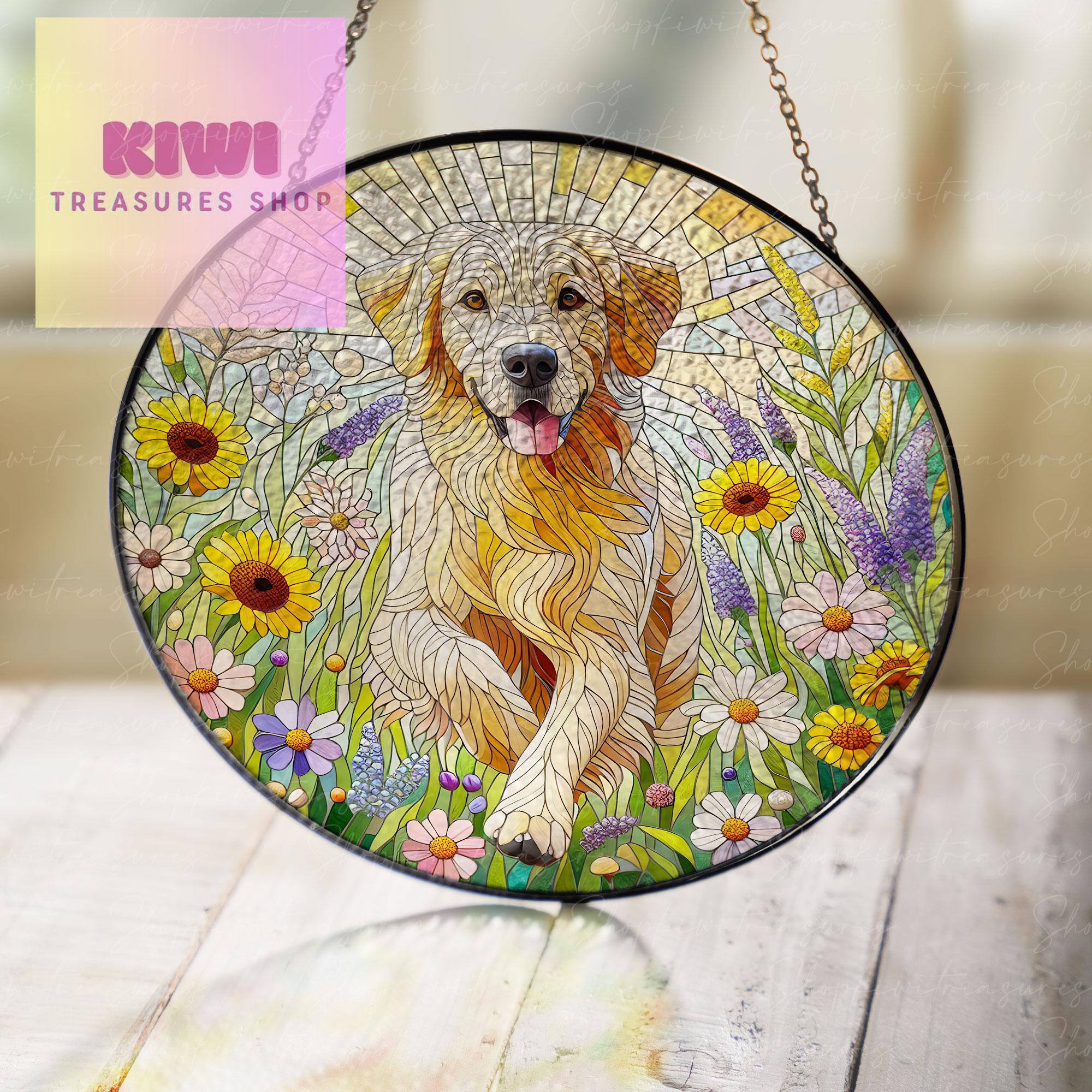 Golden Retriever and Wildflowers GLASS Suncatcher Hanging, Golden Retriever Suncatcher Ornament, Dog Lovers Gift, Dog Memorial Gift