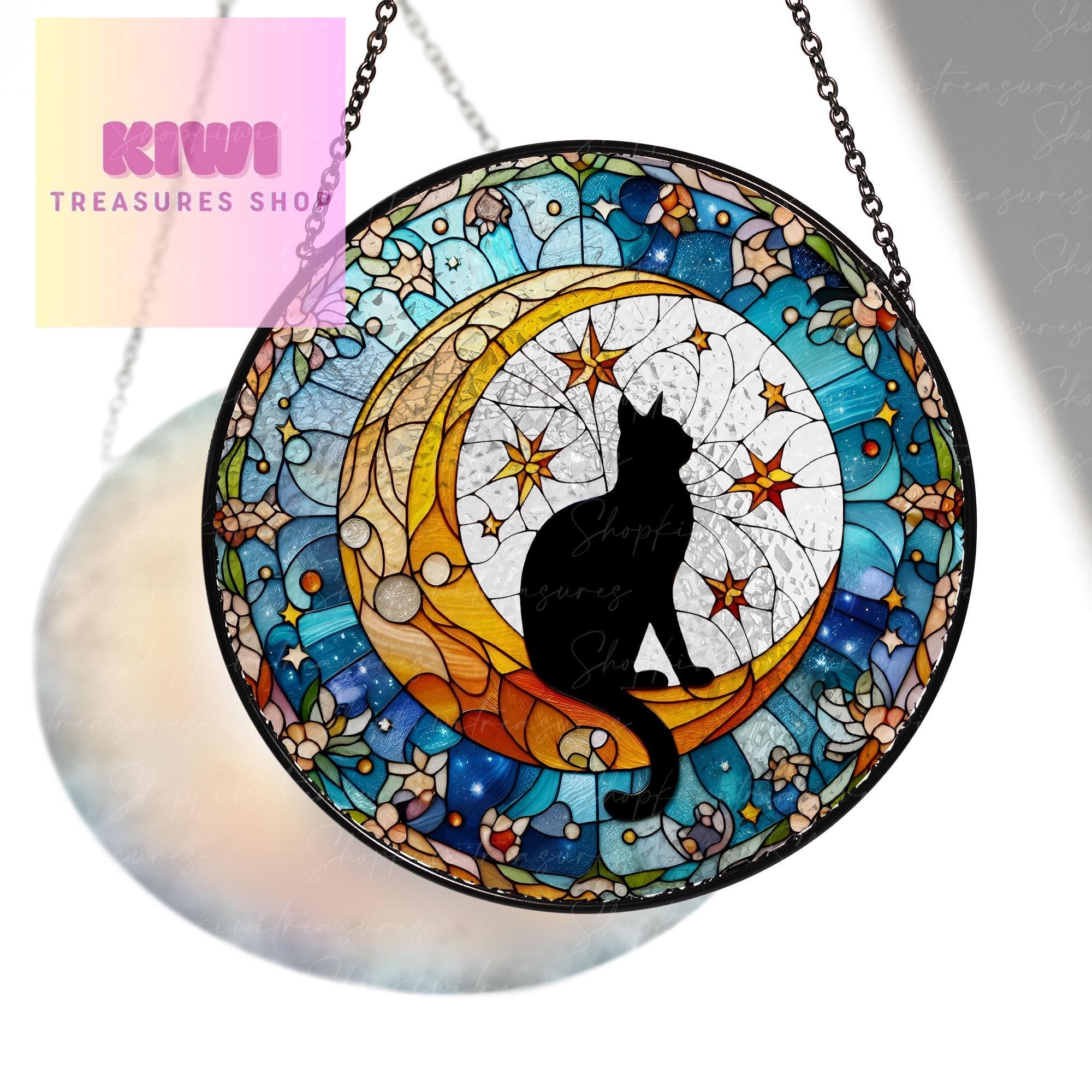 Cat On Moon Glass Suncatcher Hanging | Black Cat Ornament |  Black Cat Gift | Home Decor for Cat Lovers | Cat Mom Gift, Mother's day gift