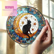 Cat On Moon Glass Suncatcher Hanging | Black Cat Ornament |  Black Cat Gift | Home Decor for Cat Lovers | Cat Mom Gift, Mother's day gift