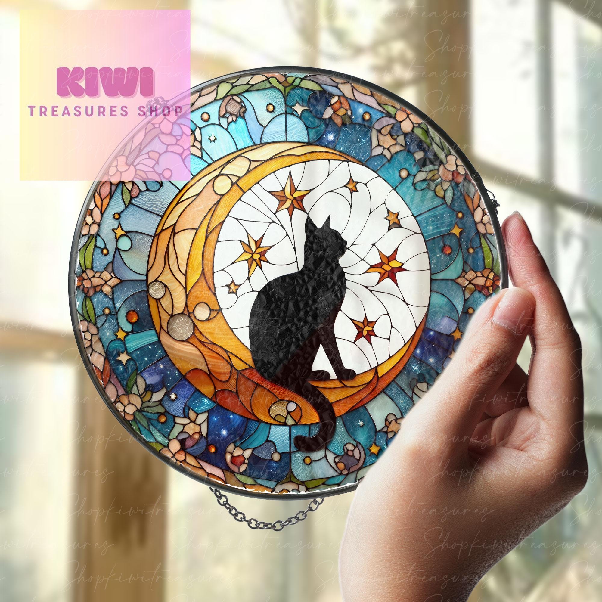 Cat On Moon Glass Suncatcher Hanging | Black Cat Ornament |  Black Cat Gift | Home Decor for Cat Lovers | Cat Mom Gift, Mother's day gift