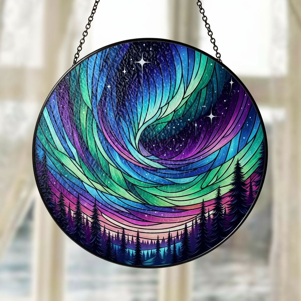 Aurora Borealis Glass Suncatcher Hanging | Forest Aurora Suncatcher | Handcrafted Northern Lights Decor | Glass Art for Nature Lover