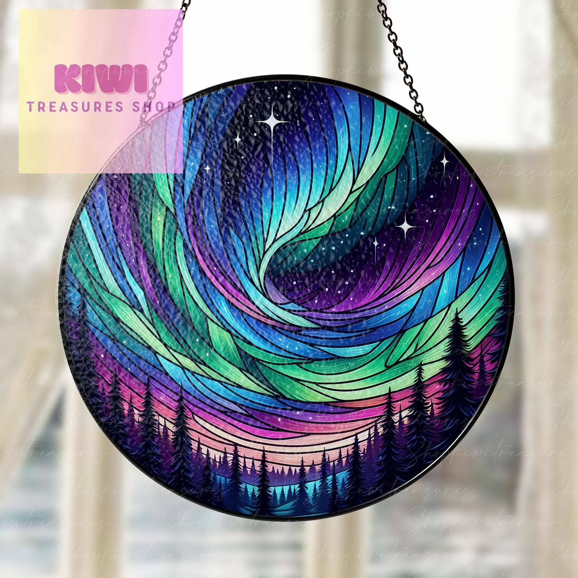 Aurora Borealis Glass Suncatcher Hanging | Forest Aurora Suncatcher | Handcrafted Northern Lights Decor | Glass Art for Nature Lover
