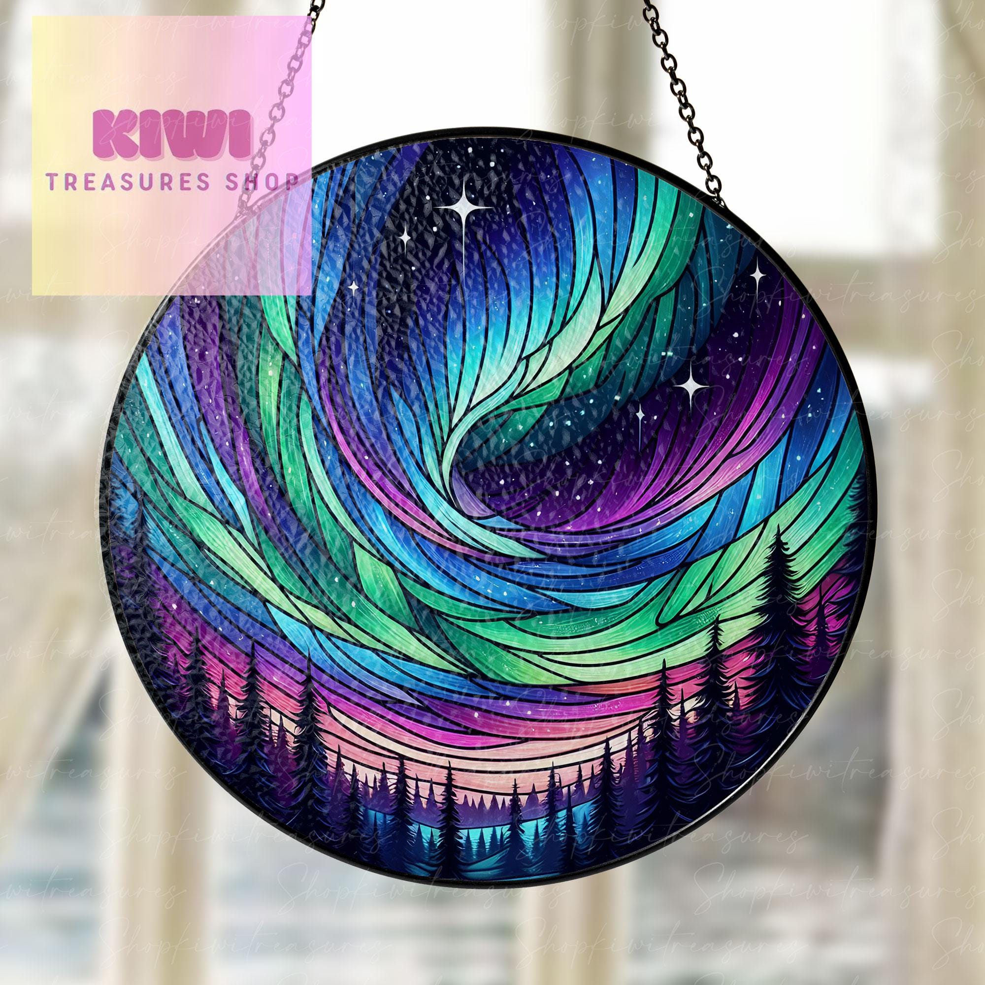 Aurora Borealis Glass Suncatcher Hanging | Forest Aurora Suncatcher | Handcrafted Northern Lights Decor | Glass Art for Nature Lover