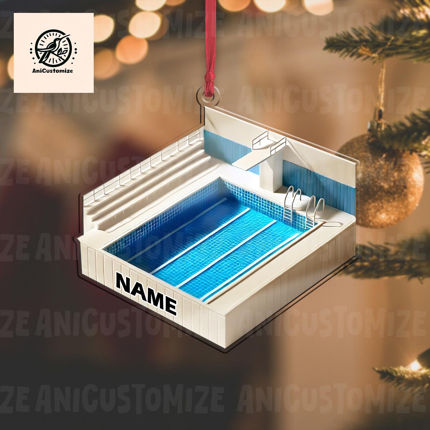 Personalized Pool With Diving Board 2D FLAT Ornament, Swimmer Gift, Christmas Gift For Swimming Lover, Diver Gift, Xmas Gift For Diver