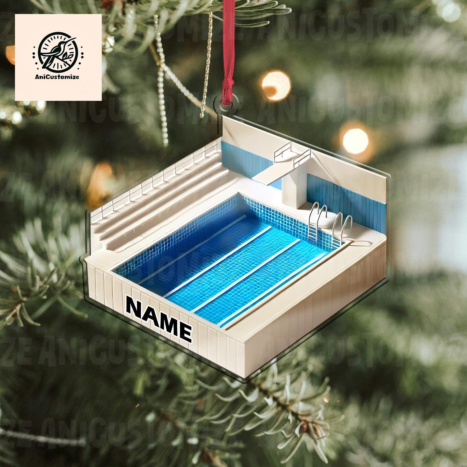 Personalized Pool With Diving Board 2D FLAT Ornament, Swimmer Gift, Christmas Gift For Swimming Lover, Diver Gift, Xmas Gift For Diver
