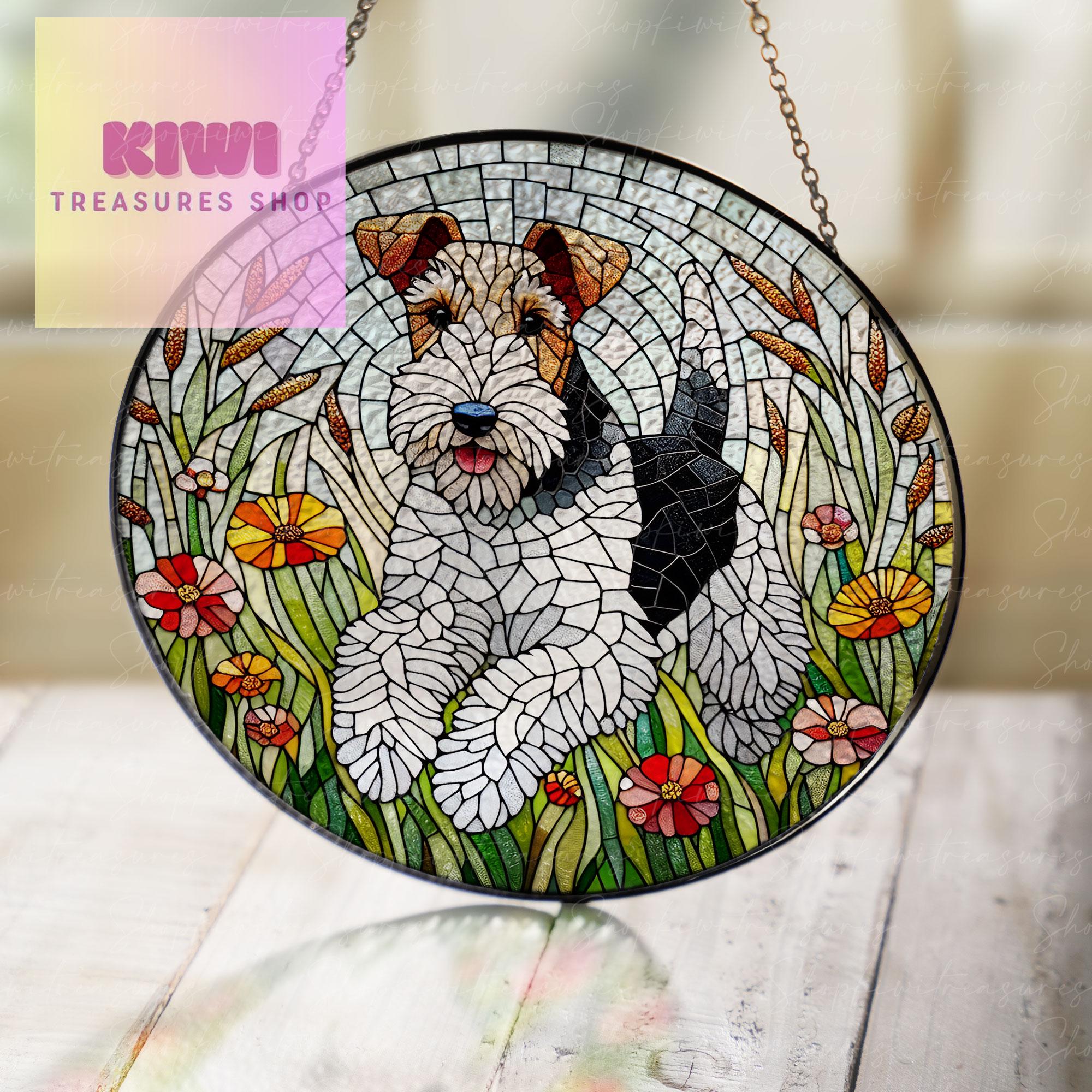 Wire fox terrier plays in wildflowers garden GLASS Suncatcher Hanging, wire fox terrier suncatcher hanging, dog window hanging