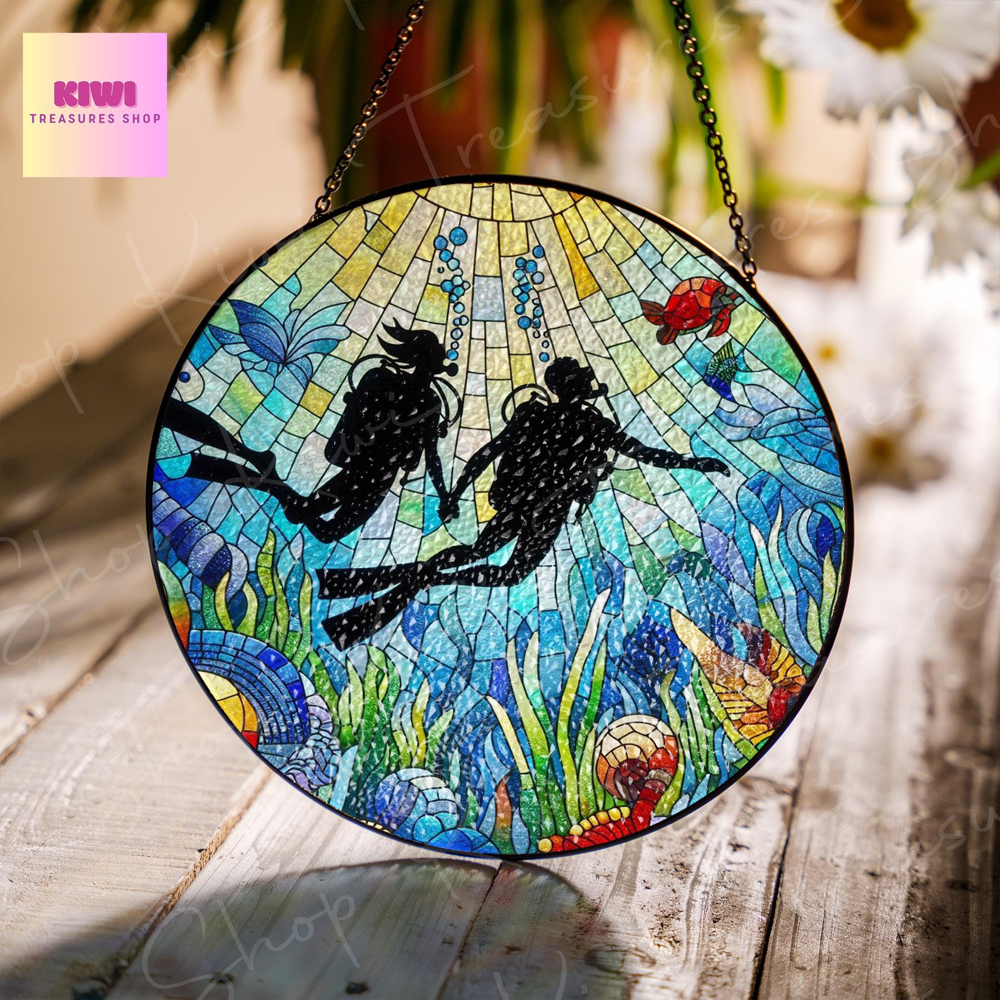 Scuba Diving couple Glass Suncatcher Ocean Ornament with coral reef lover Beach House Decor, valentine gift, Beach Life, scuba diver gift