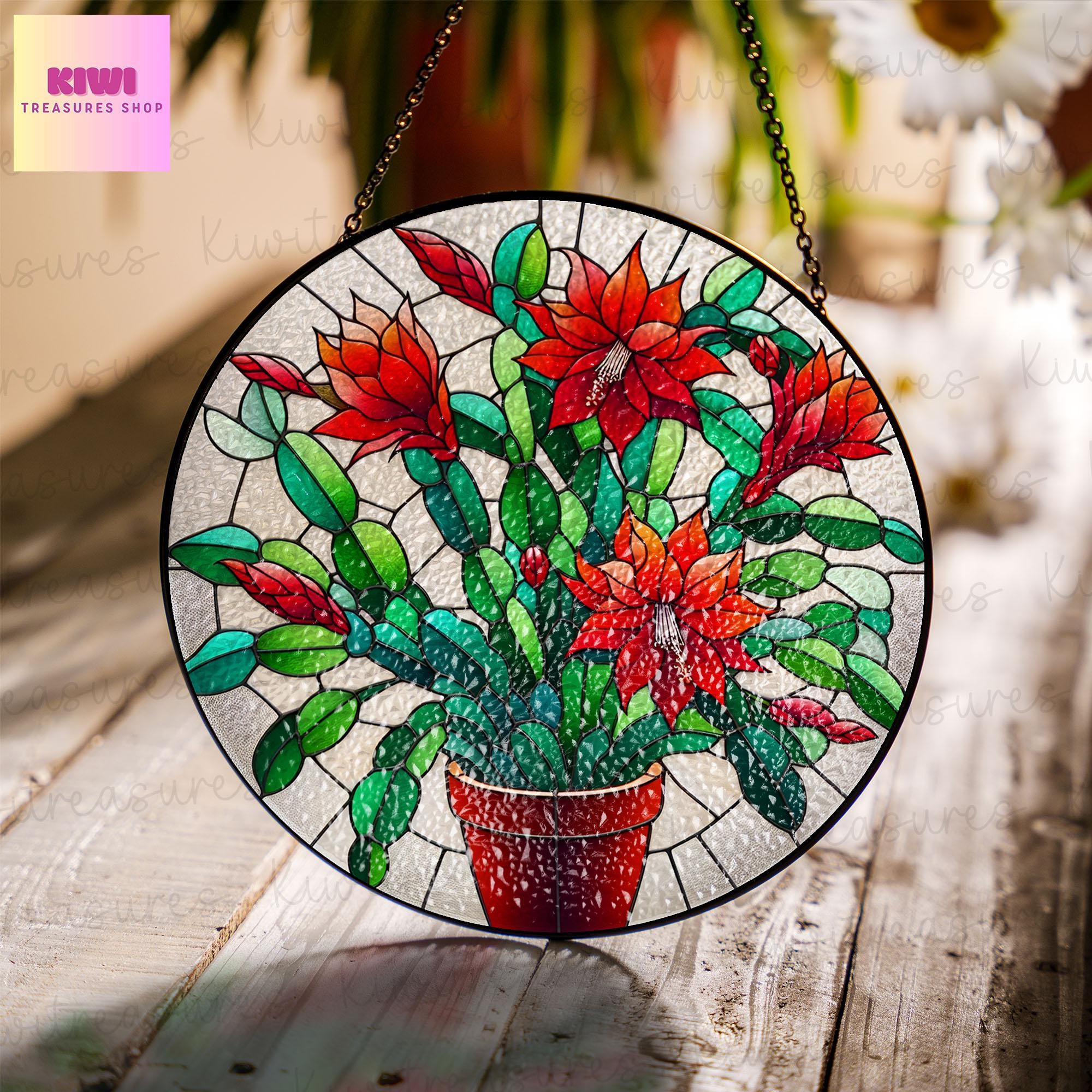 Christmas Cactus GLASS Sun Catcher | Schlumbergera Sun Catcher Ornament | Cactus Lovers Gift | Plant Lover Decor | Home Decor