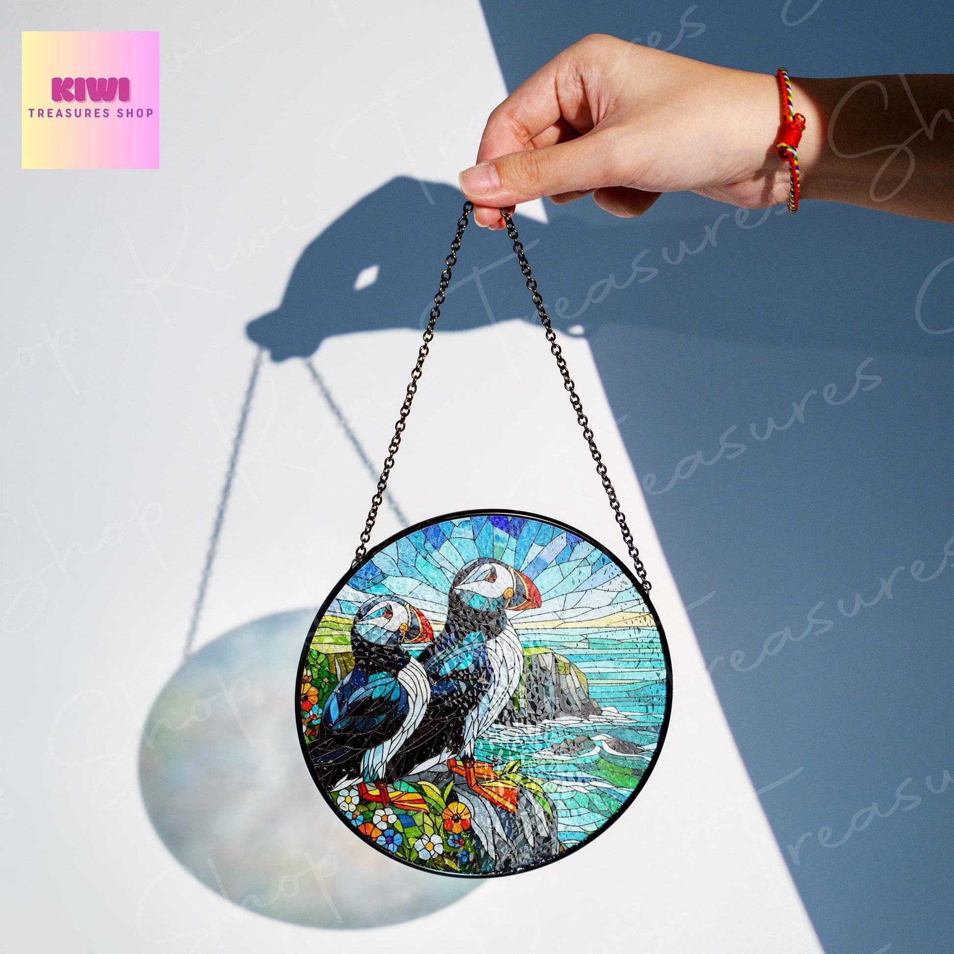 Puffin couple on cliff Landscape GLASS Suncatcher Hanging, Ireland Wall Art, Window Hanging, Indoor Decor, puffin lover, anniversary gift